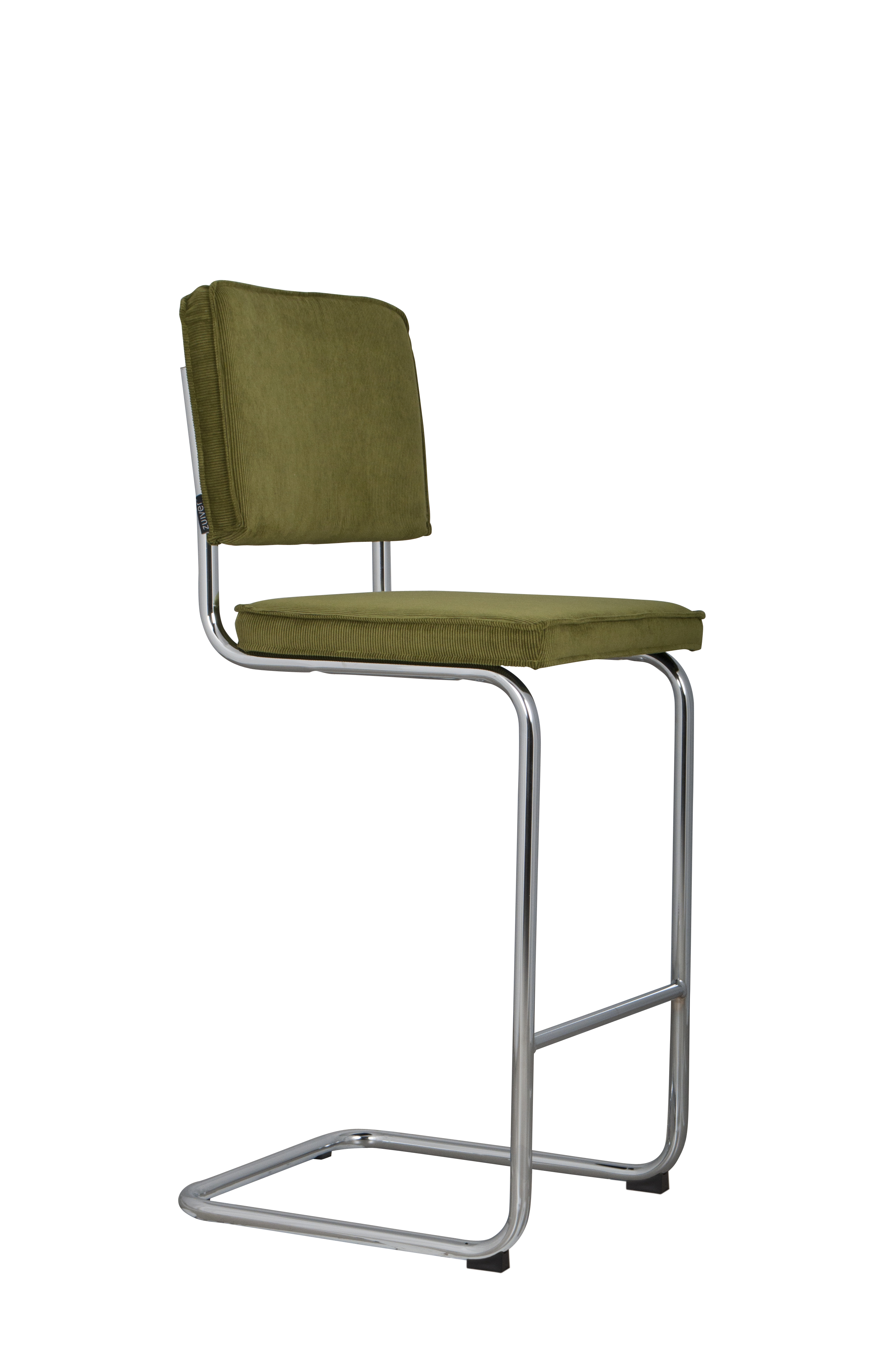 ZUIVER Ridge Rib barstol, m. ryglæn og fodstøtte – grøn fløjl polyester/nylon og sølv krom