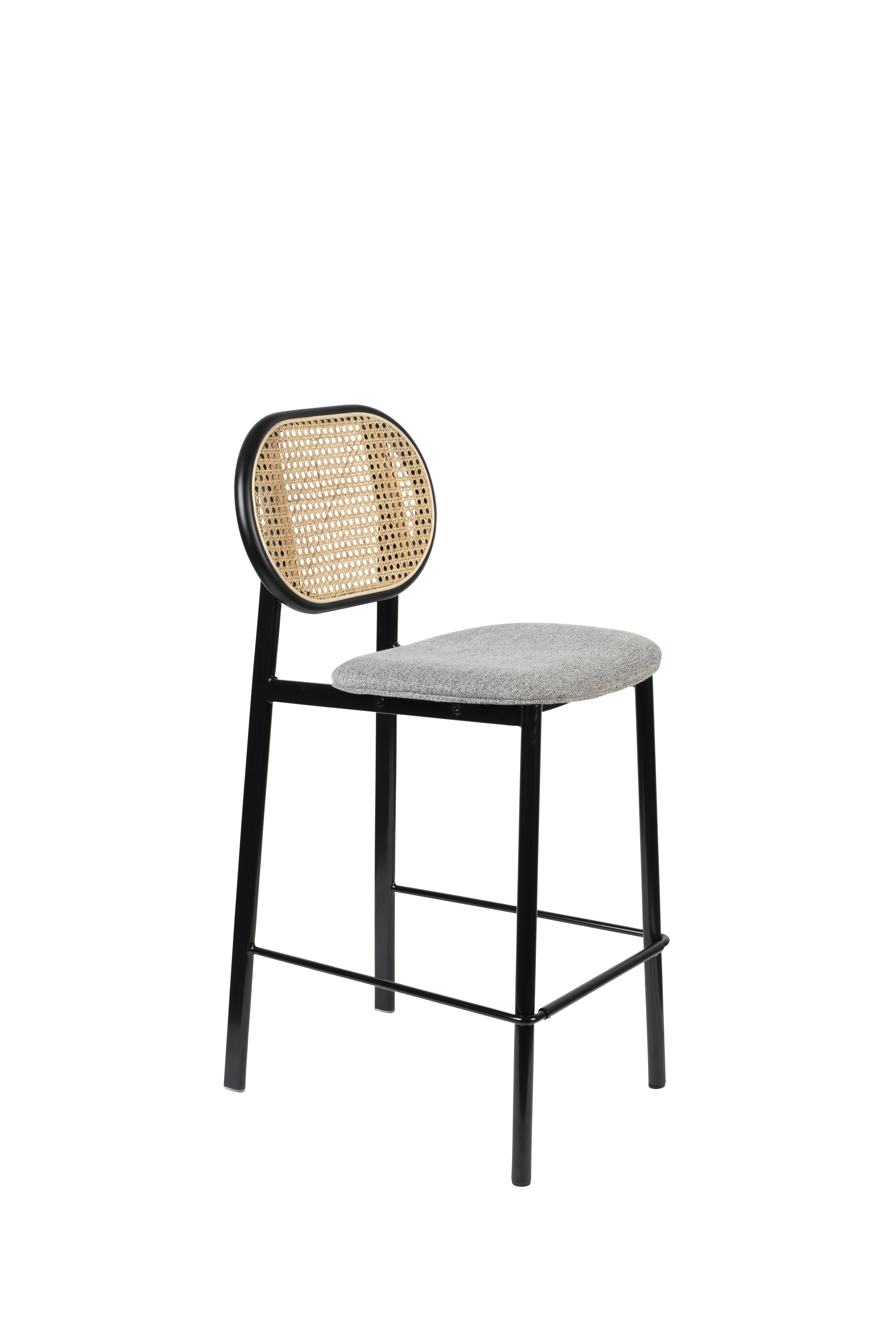 ZUIVER Spike barstol, m. ryglæn og fodstøtte – natur rattan, grå polyester og sort stål (64,5cm)