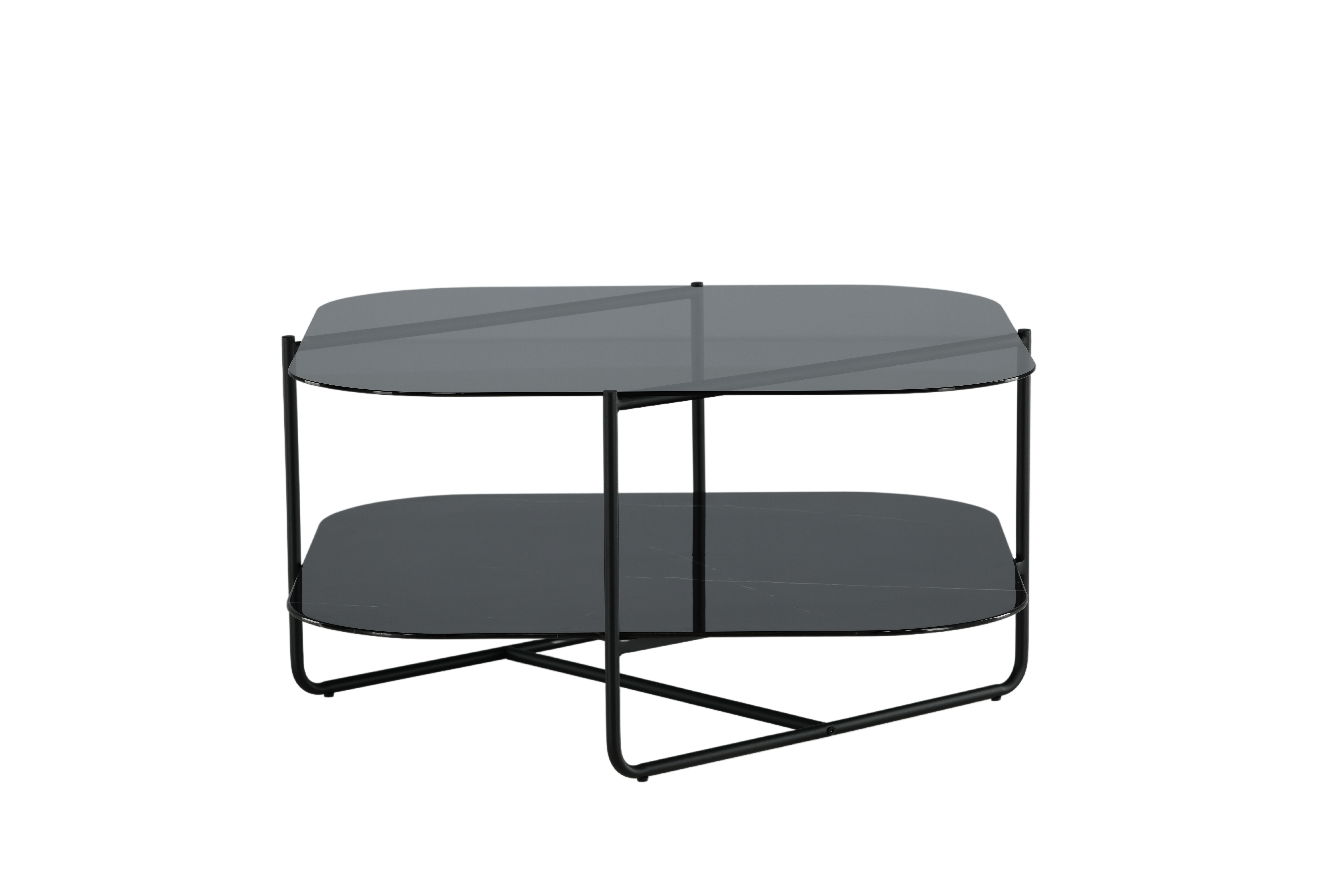 VENTURE DESIGN Un-line sofabord, m. hylde i sort marmorglas - røgsort glas og sort stål (85x85)