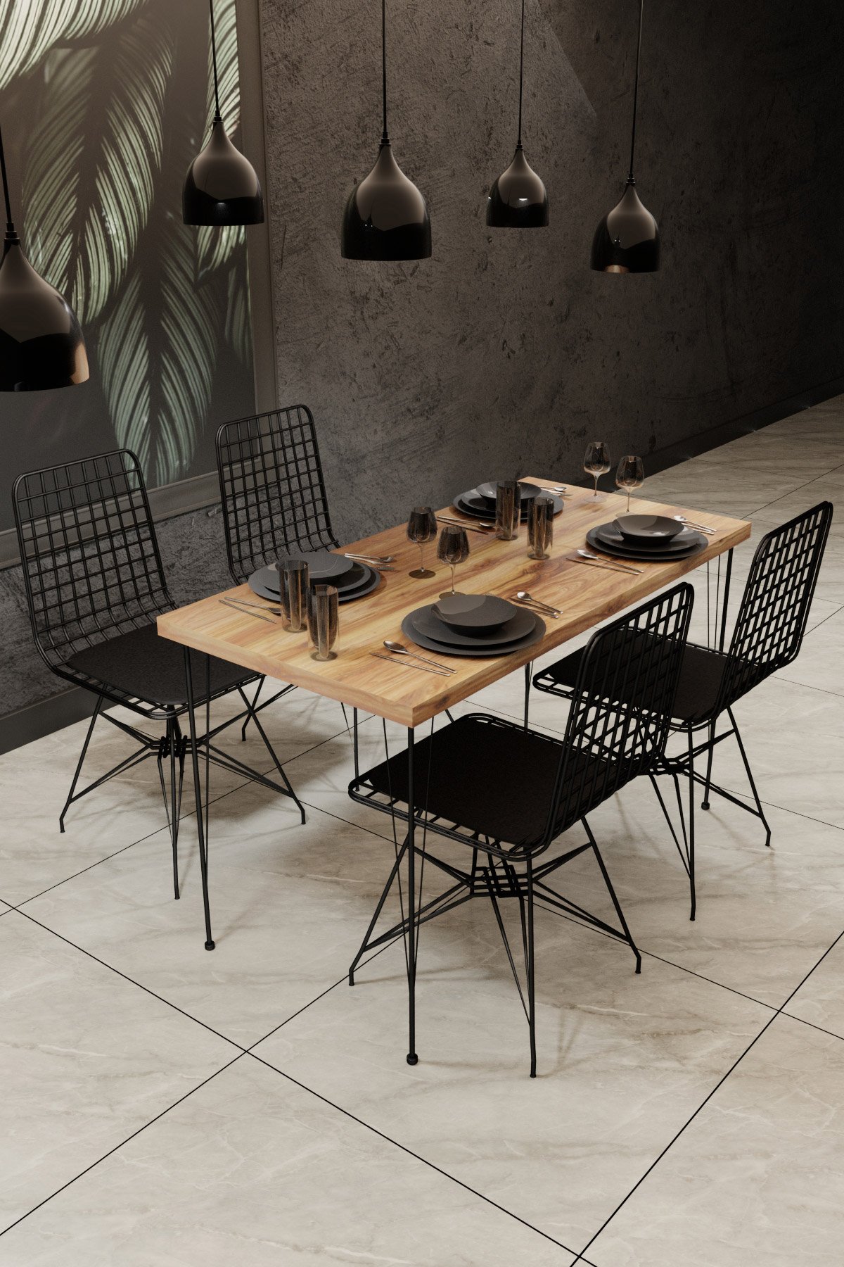 NORDVÄRK Nmsymk001 1 spisebord og 4 spisebordsstole - egefarvet melamin og sort metal (sæt med 5)