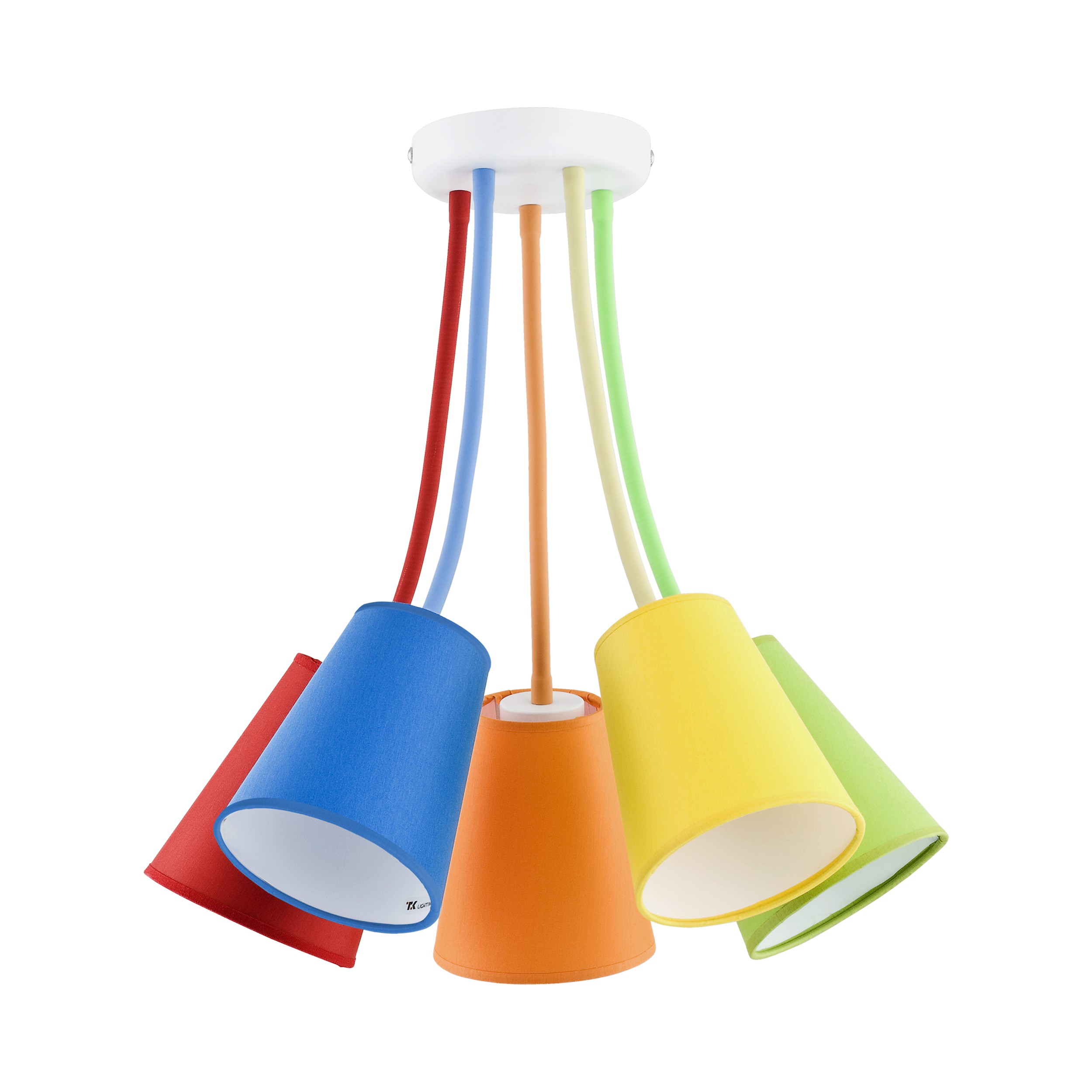 TK Trådfarve loftlampe, m. 5 skærme - multifarvet stof og hvid metal