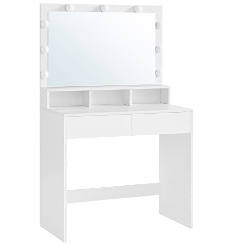 VASAGLE makeupbord, m. spejl, 9 LED-pærer, 2 skuffer, 3 rum - spejlglas og hvid melamin (80x40)