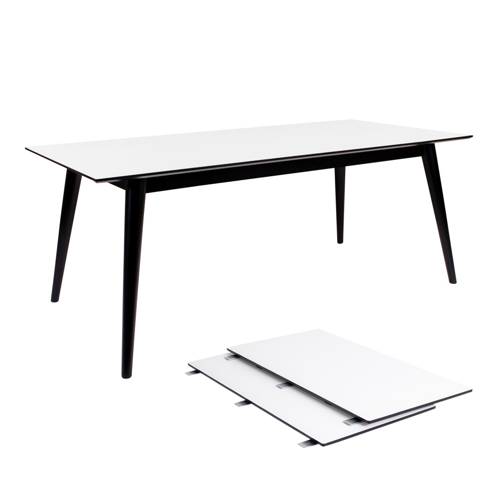 HOUSE NORDIC Copenhagen spisebord - hvid træplade og sorte træben, m. udtræk, incl. 2 tillægsplader (195x90) thumbnail