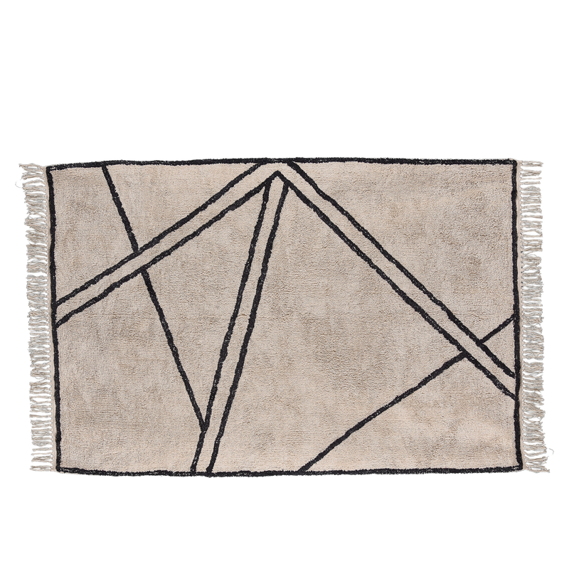 VILLA COLLECTION Strib gulvtæppe, m. grafisk mønster og frynser - natur og sort bomuld (300x200)