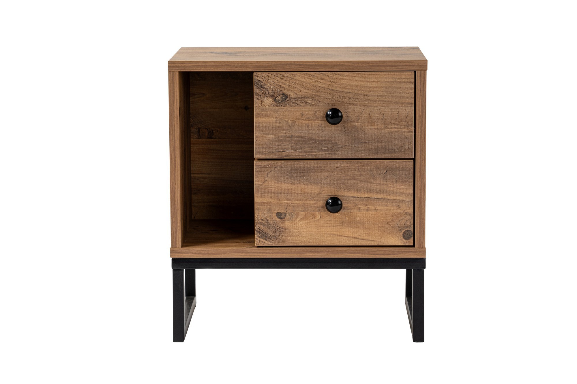 NORDVÉRK Glimmer nattbord, m. 1 rom og 2 skuffer – Atlantic Pine melamin og svart metall (45,2×29,5)