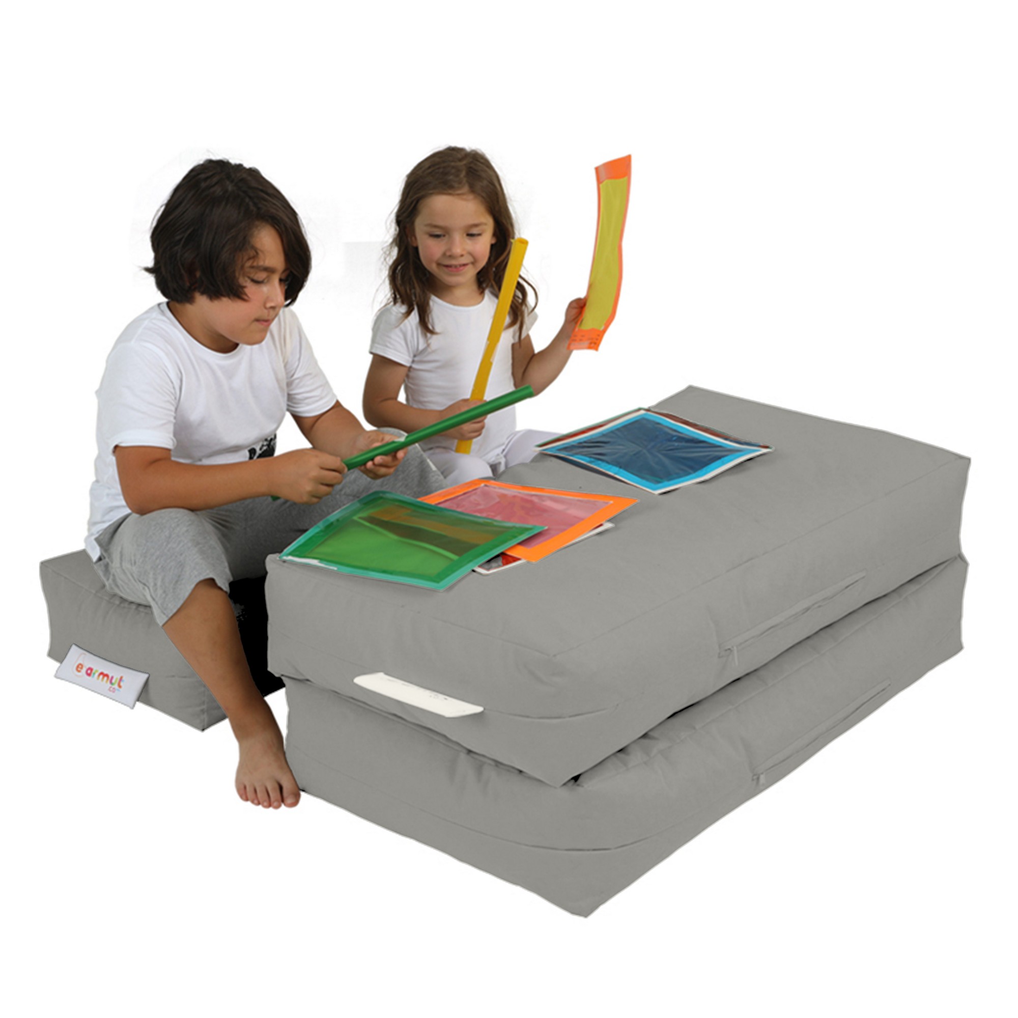 nordvärk kids utomhus dubbel sittsäcksstol och 2 sittpuffar för barn - rökfärgad polyester (set med 3)