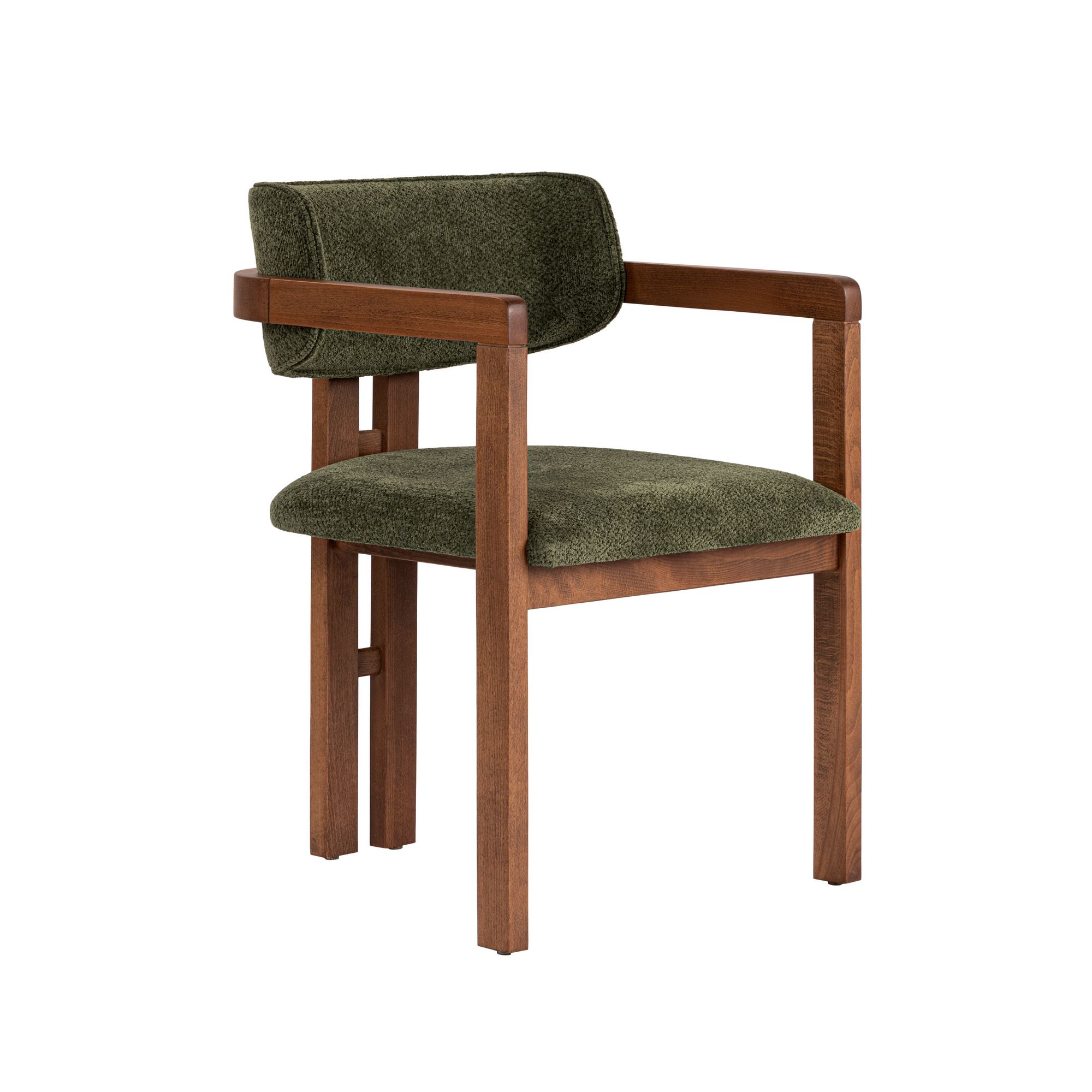 NORDVÄRK Toscana spisebordsstol, m. armlæn - grøn polyester stof og valnød træ