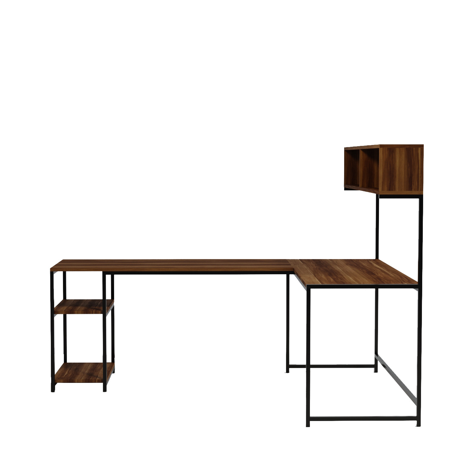 NORDVÄRK Cans hjørneskrivebord, m. bogreol og hylder - valnøddefarvet melamin og metal (200x60)