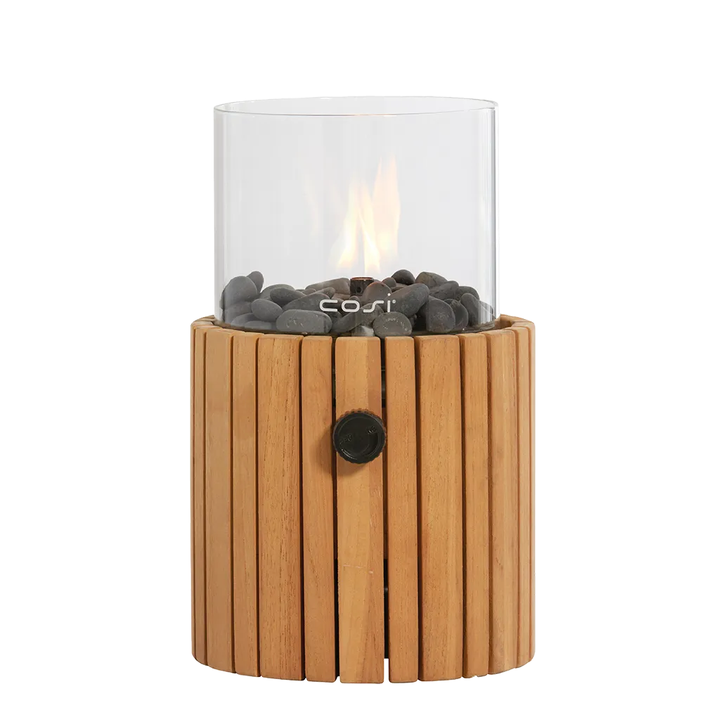 COSI FIRES Cosiscoop Trä rund gaslykta, med glas och småsten - naturligt teak