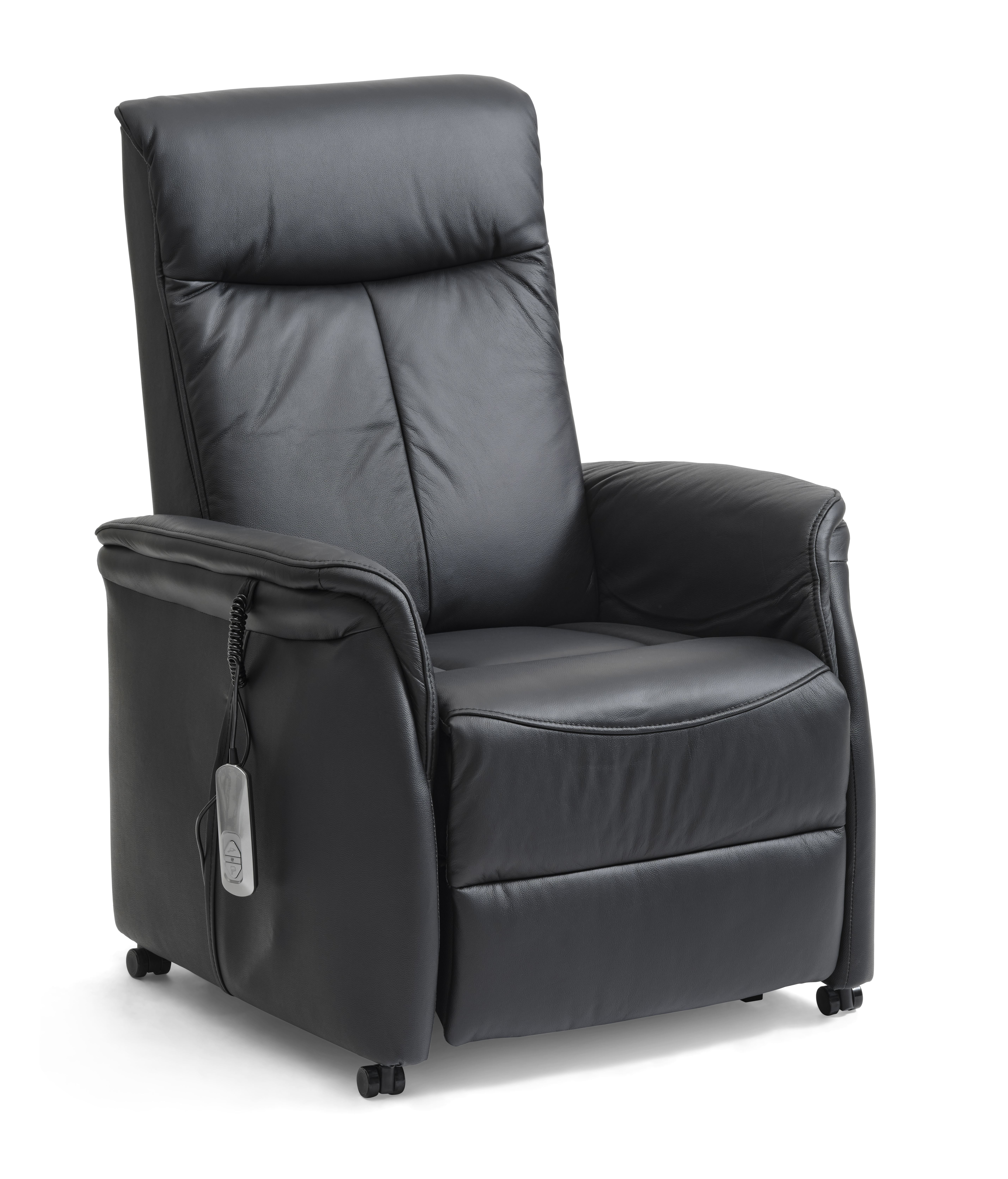 Victor recliner stol, m. 1 motor, sædeløft, vippefunktion, skammel, armlæn, hjul - sort læder/PVC