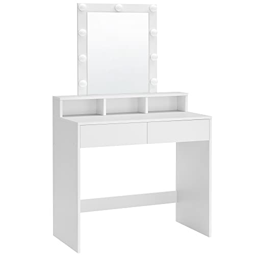 VASAGLE makeup bord, m. spejl, lyspærer, 2 skuffer, 3 rum - spejlglas og hvid spånplade (80x40)