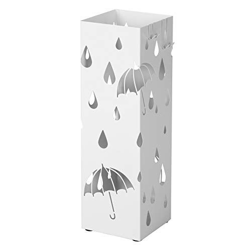 SONGMICS Paraplystativ i metal, firkantet paraplyholder med drypbakke og 4 kroge, 15,5 x 15,5 x 49 cm, Hvid LUC49W
