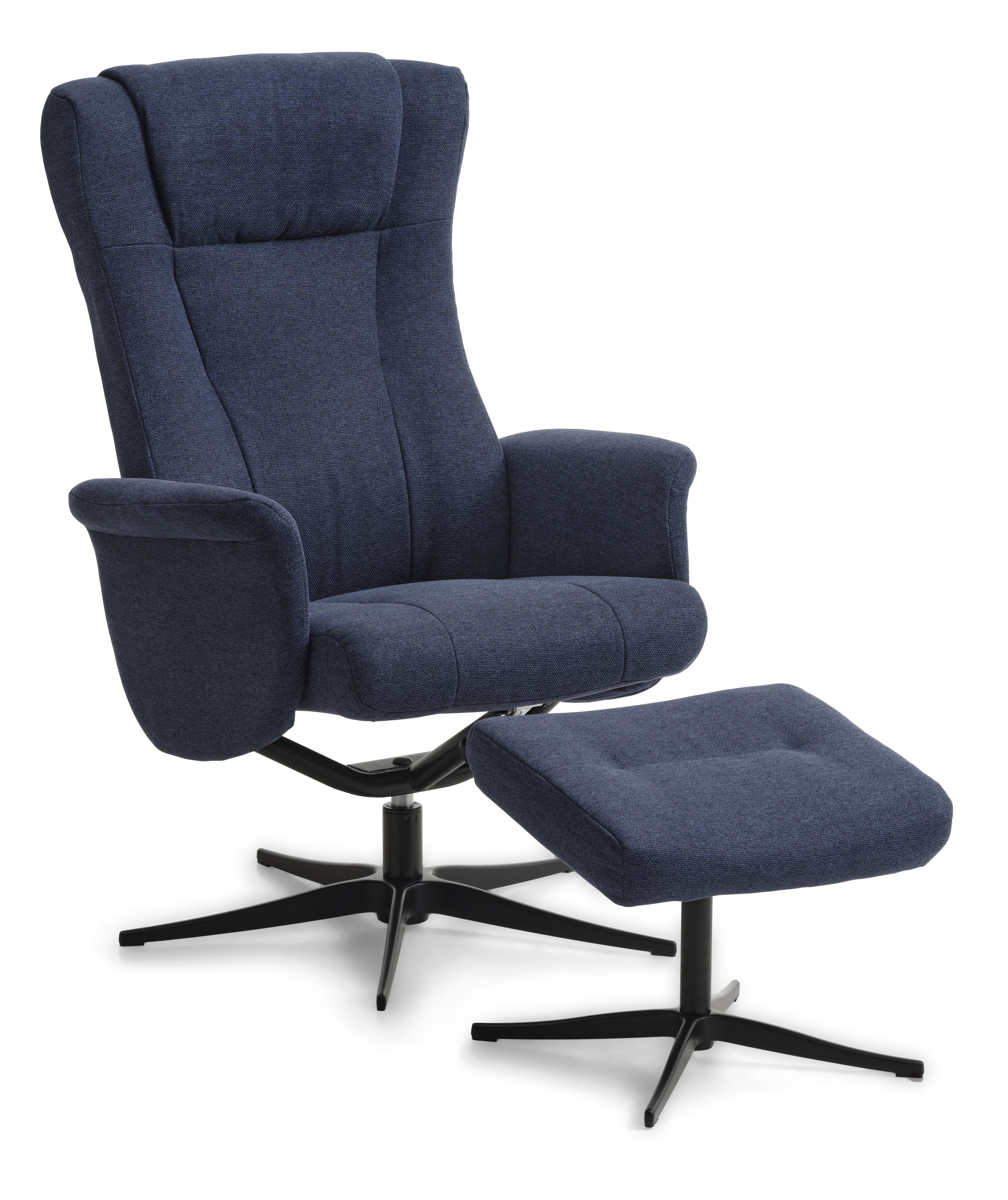Liam recliner lænestol, inkl. fodskammel - blå polyester stof og sort aluminium