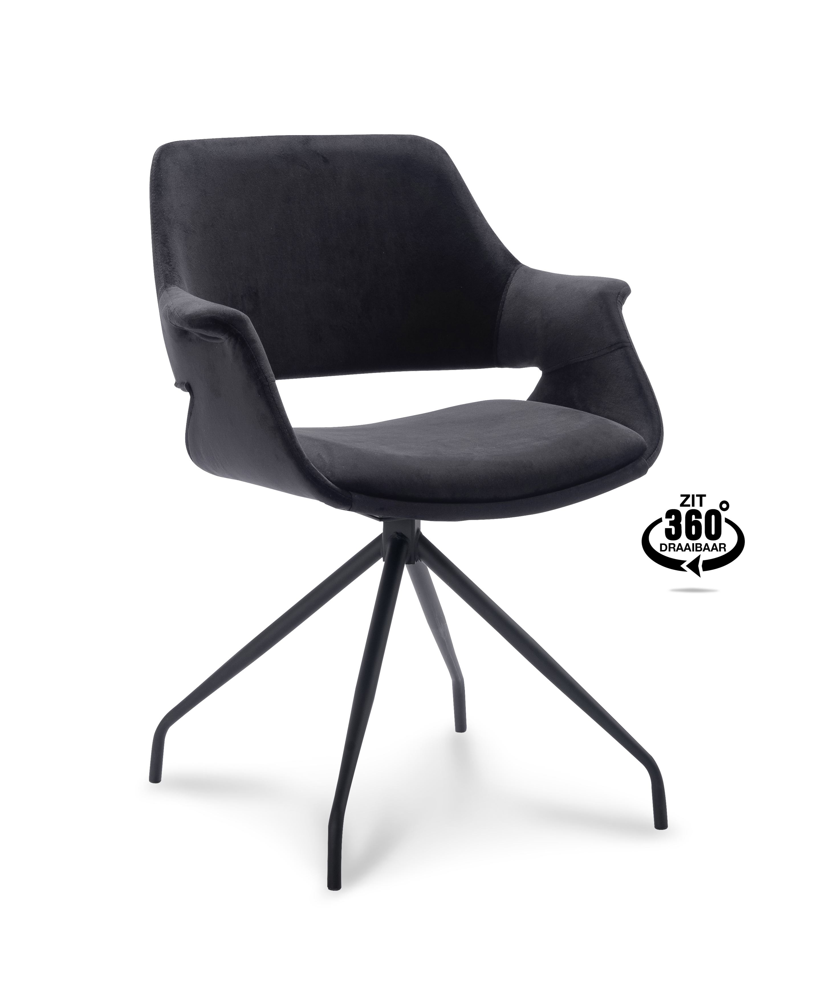 Billede af Malou spisebordsstol, m. armlæn og drejefunktion - sort polyester fløjl og sort metal