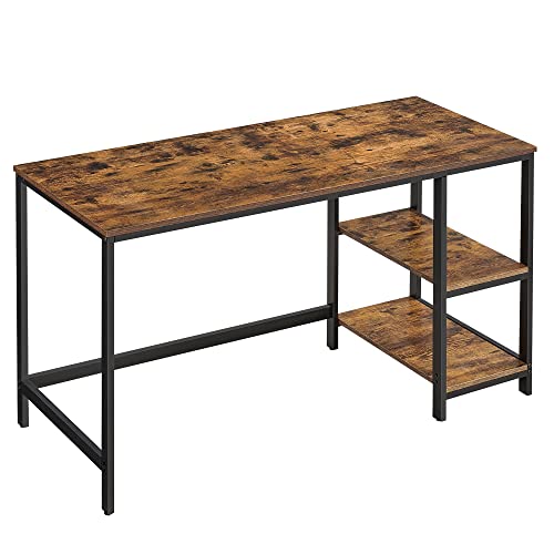 VASAGLE skrivebord, m. 2 hylder - rustik brun spånplade og sort stål (140x60)