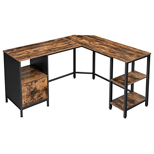 VASAGLE hjørneskrivebord, m. hængemappeskab, 2 hylder - brun spånplade og sort stål (137x151)
