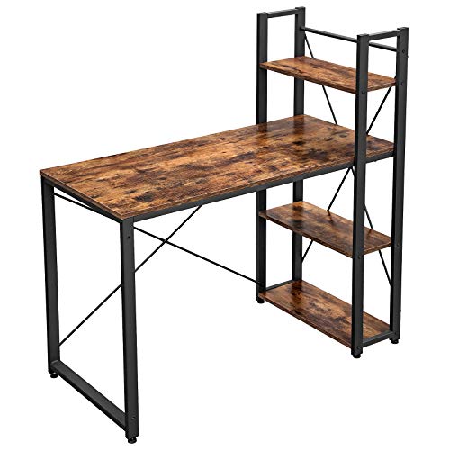 VASAGLE skrivebord, m. 3 hylder - brun spånplade og sort stål (60x119,3)