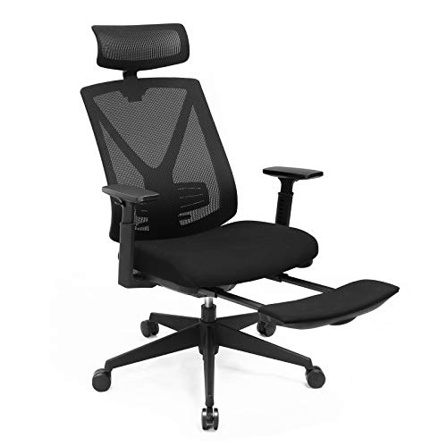 SONGMICS OBN61BKV1 Ergonomisk kontorstol med fodstøtte, skrivebordsstol med lændestøtte, justerbar nakkestøtte og armlæn, højdejustering og vippefunktion, maksimal belastning 150 kg, sort