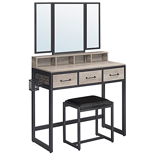 VASAGLE makeupbord, trefoldsspejl, 3 skuffer, 4 rum, taburet - greige spånplade, sort stål (90x40)