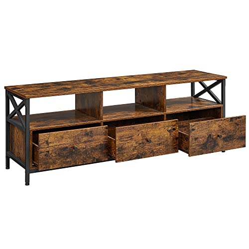VASAGLE TV-bord, m. 3 åbne rum og 3 skuffer - rustik brun spånplade og sort stål (147x40)