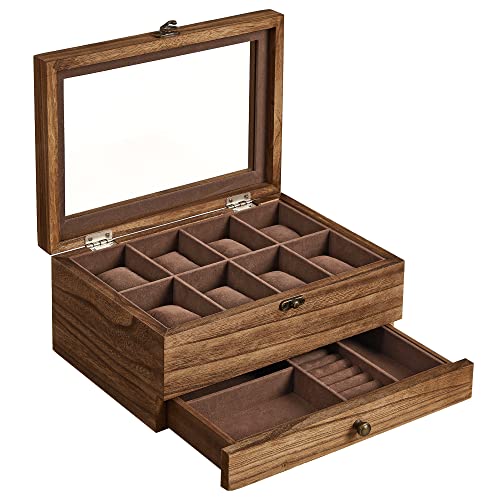 SONGMICS Klockbox med 8 fack, 2-delad klockbox i trä med stort glaslock, urtavlor, sammetsfoder, smyckeskrin, present till