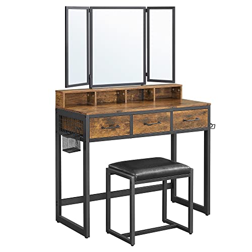 VASAGLE makeupbord, m. trefoldsspejl, 3 skuffer, 4 rum, taburet - brun spånplade, sort stål (90x40)