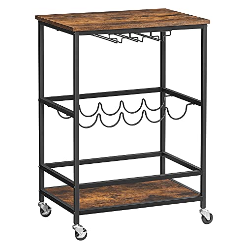 VASAGLE rullebord, hylde, holder til glas og flasker - rustik brun spånplade og sort stål (60x40)