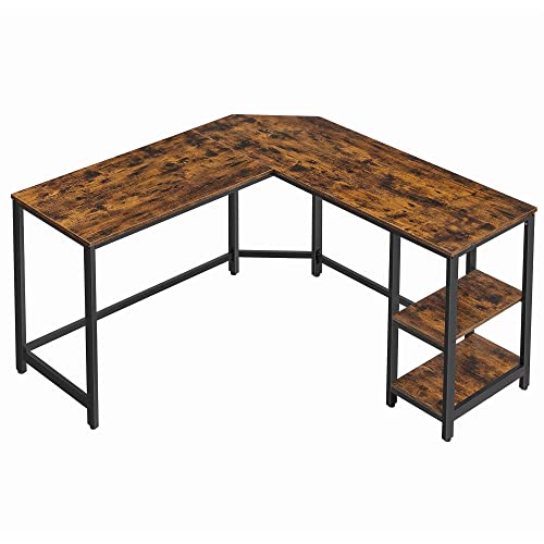 VASAGLE hjørneskrivebord, m. 2 hylder - rustik brun spånplade og sort stål (138x138)