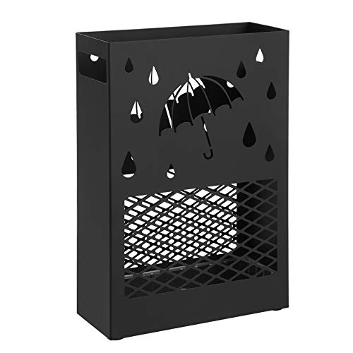 Billede af SONGMICS paraplyholder, rektangulær, m. aftagelig vanddrypbakke, 4 kroge, udskæringer - sort stål