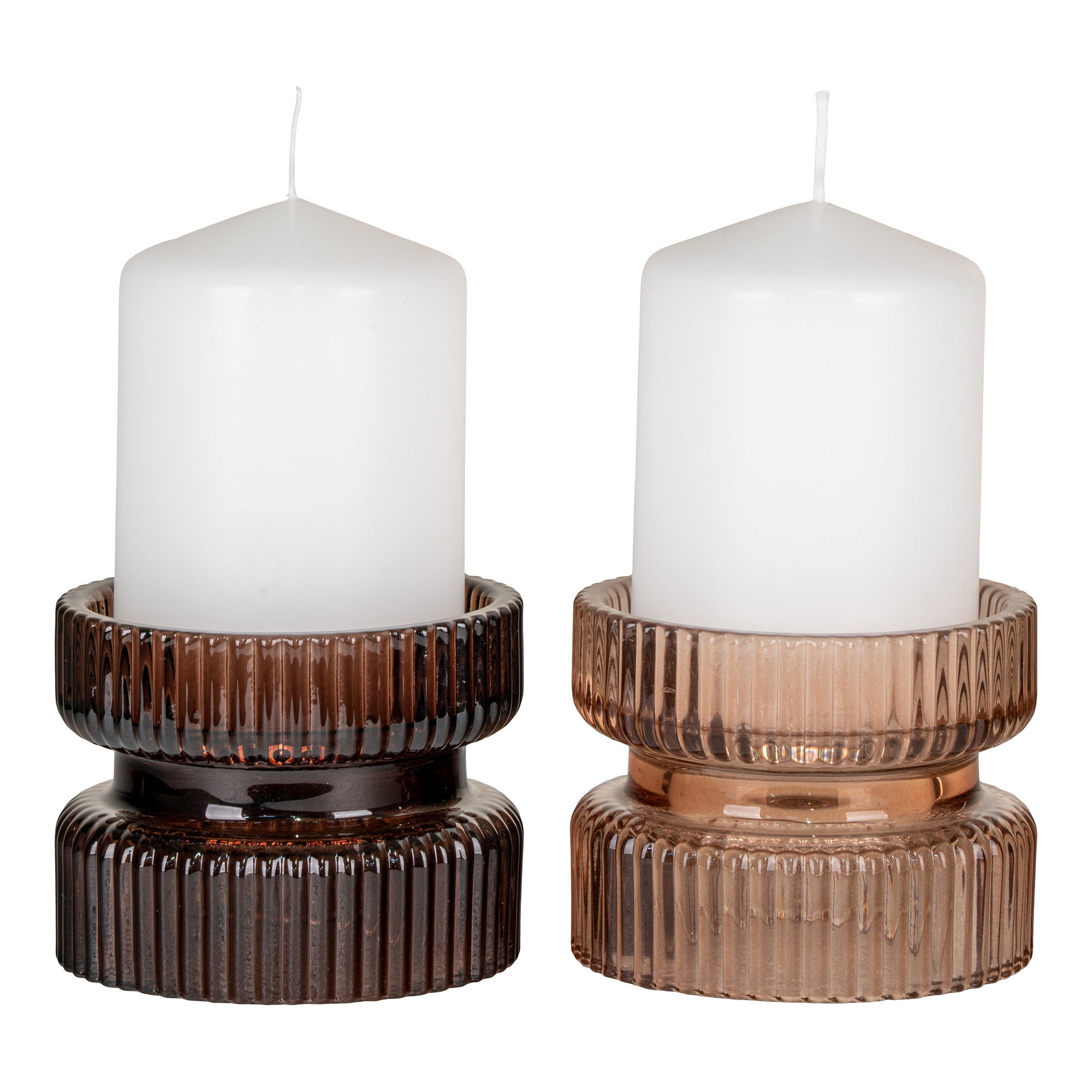 HOUSE NORDIC Lysestaker, sett med 2 – Lysestake, glass, ravfarget/brun, vendbar for telys og bloklys, ø9×7 cm, sett med 2 stk.