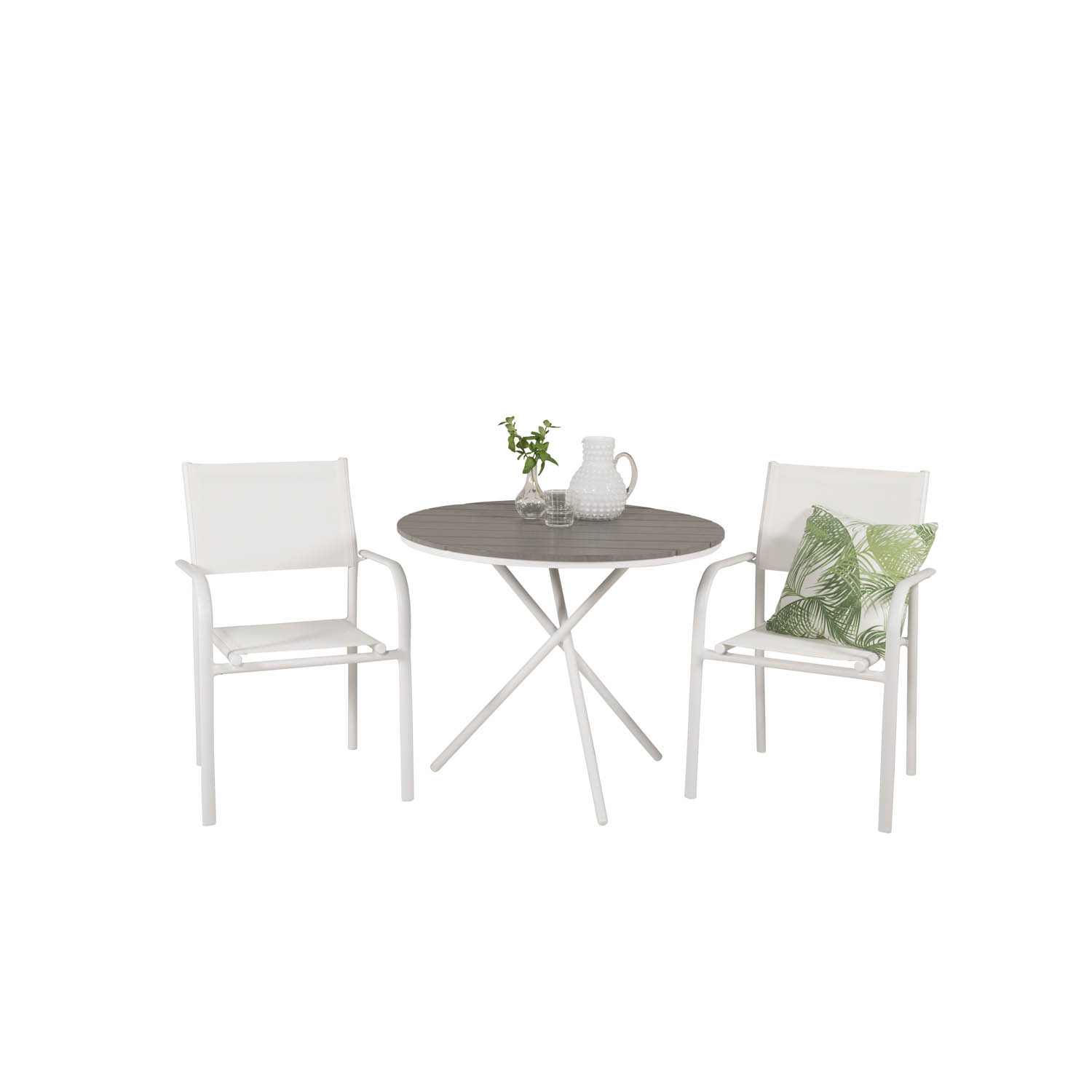 VENTURE DESIGN havesæt m. Parma cafébord (Ø 90) og 2 Santorini stole m. armlæn - hvid alu/textilene