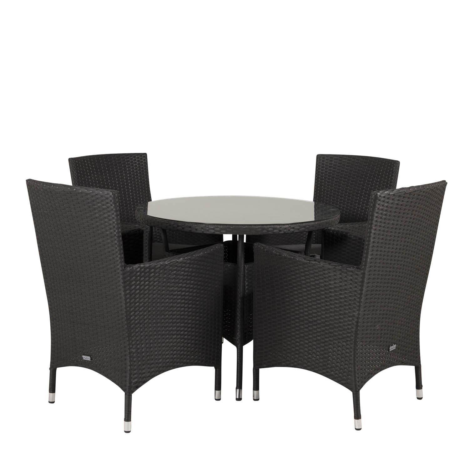 VENTURE DESIGN havesæt m. Volta bord (Ø 90) og 4 Malin stole m. armlæn og hynde - sort rattan/glas