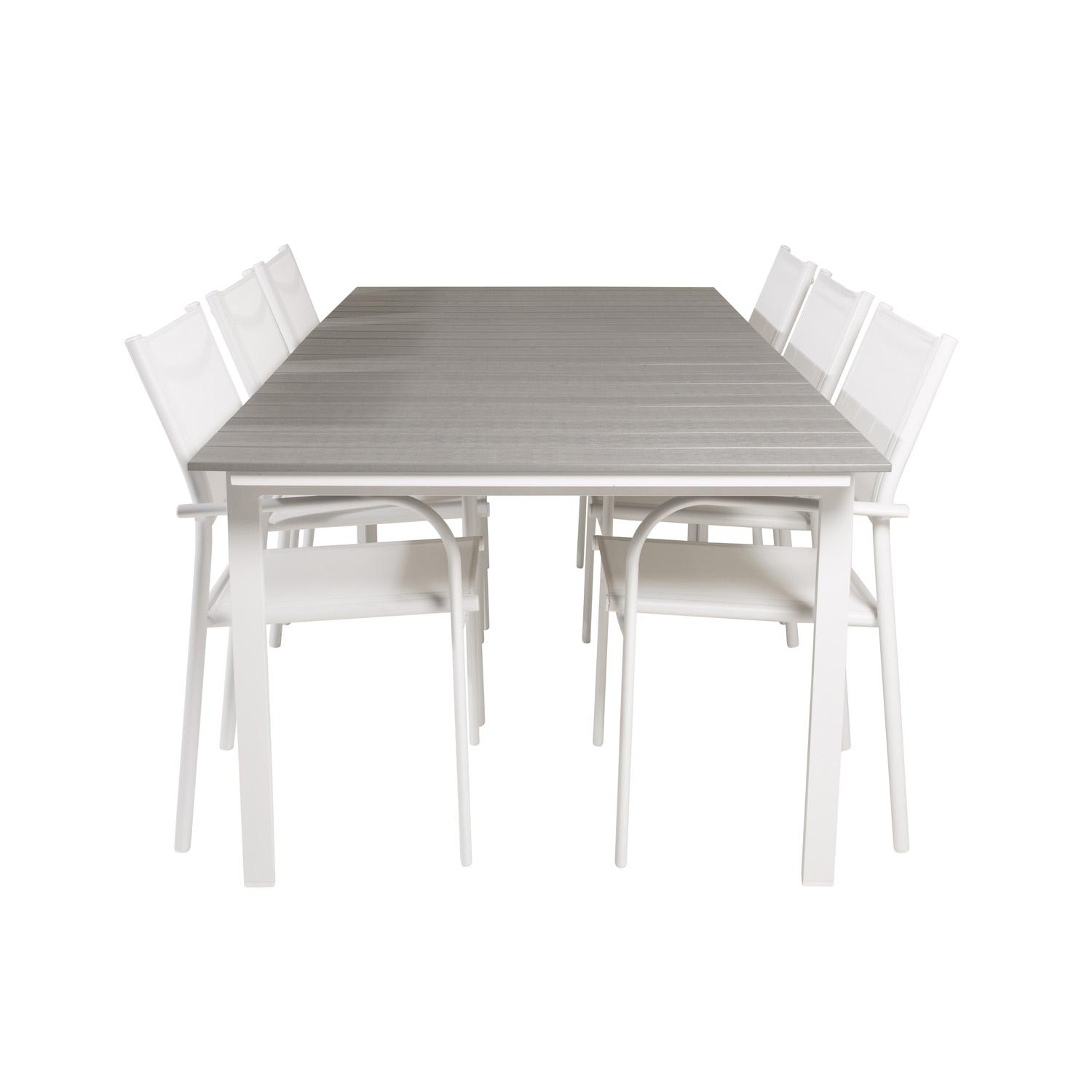 VENTURE DESIGN havesæt, m. Levels bord, m. udtræk og 6 Santorini stole, m. armlæn – aintwood/alu