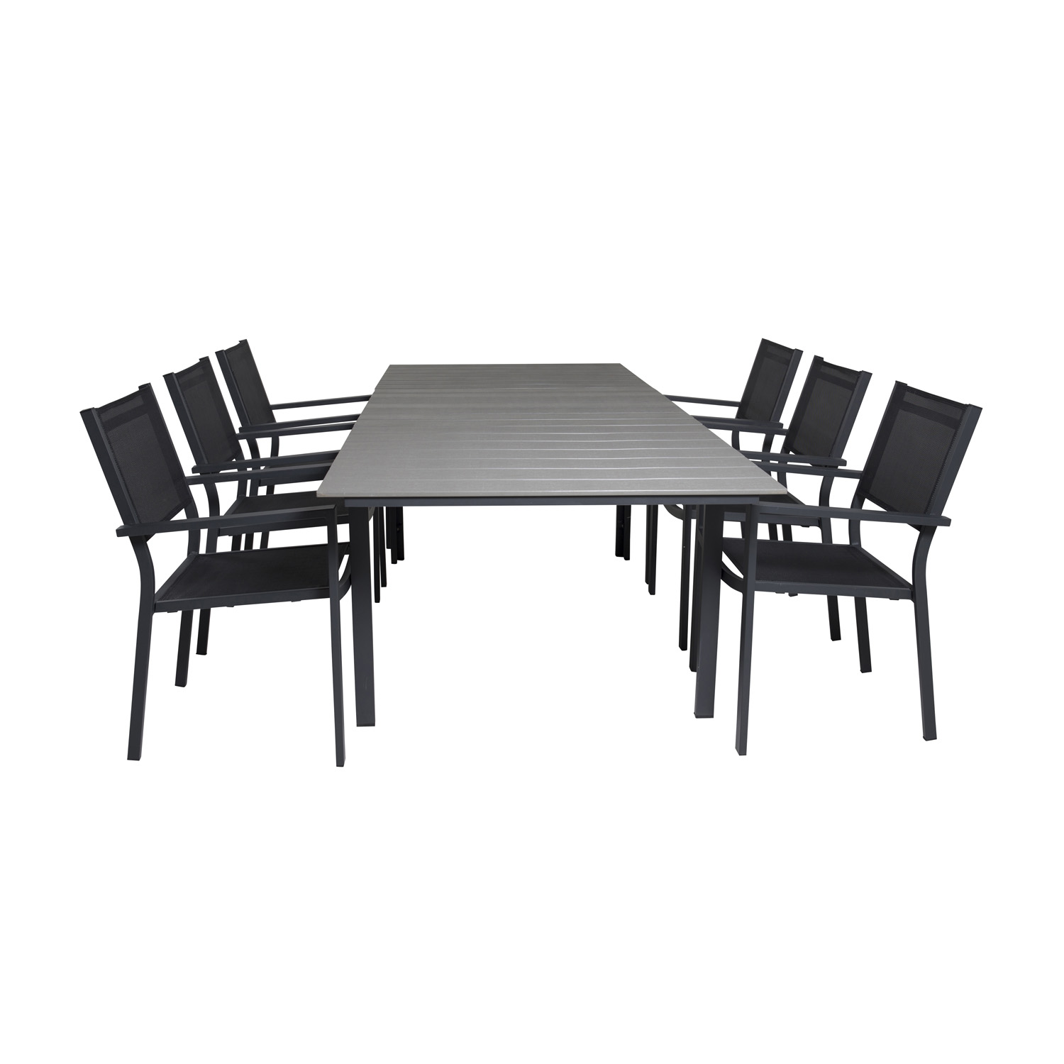 VENTURE DESIGN havesæt, m. Levels bord, m. udtræk og 6 Copacabana stole, m. armlæn – aintwood/alu