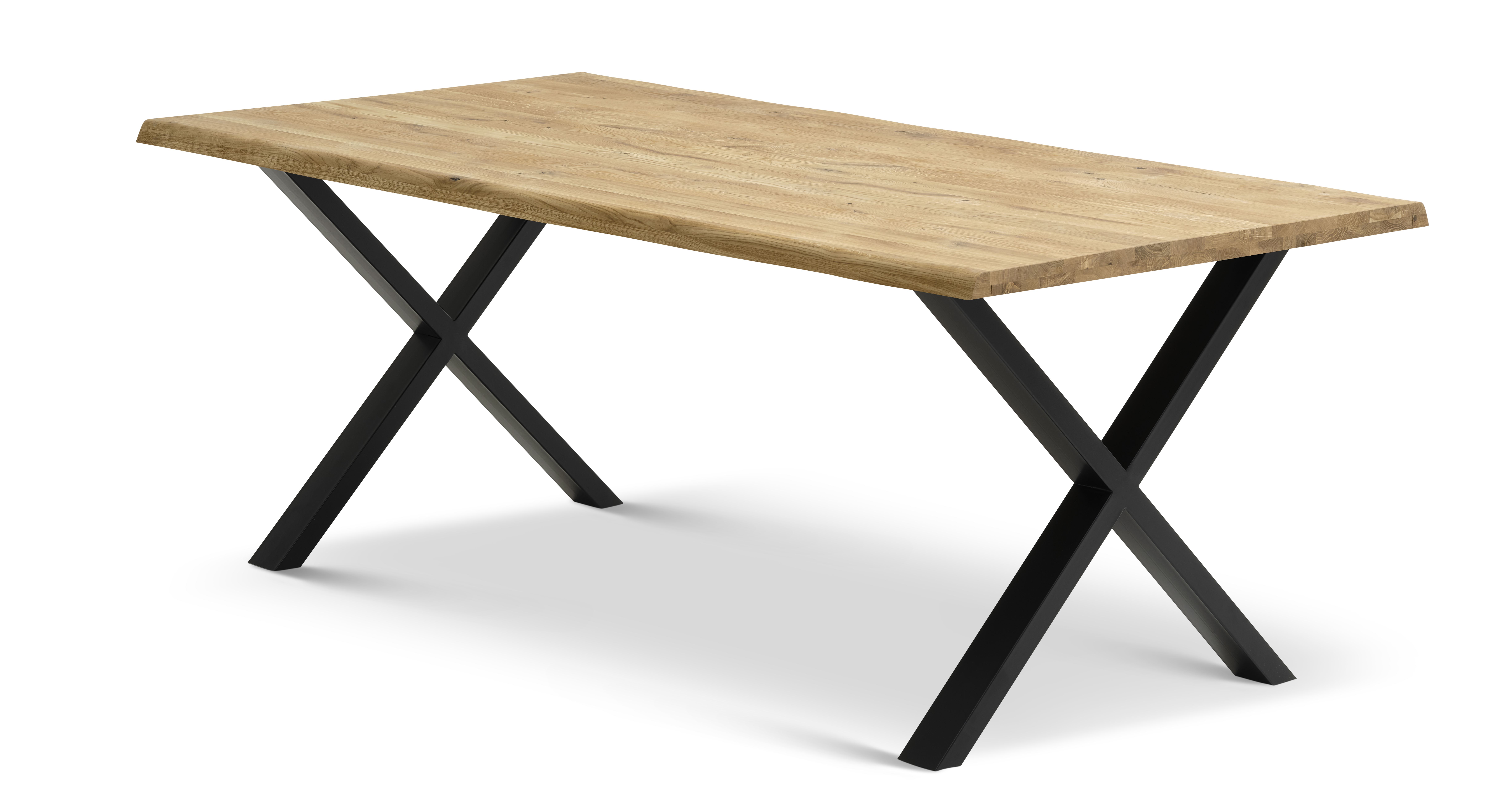 Atlantic spisebord med bølget kant 40 mm, m. udtræk - natur egetræ og sort metal (95x200)