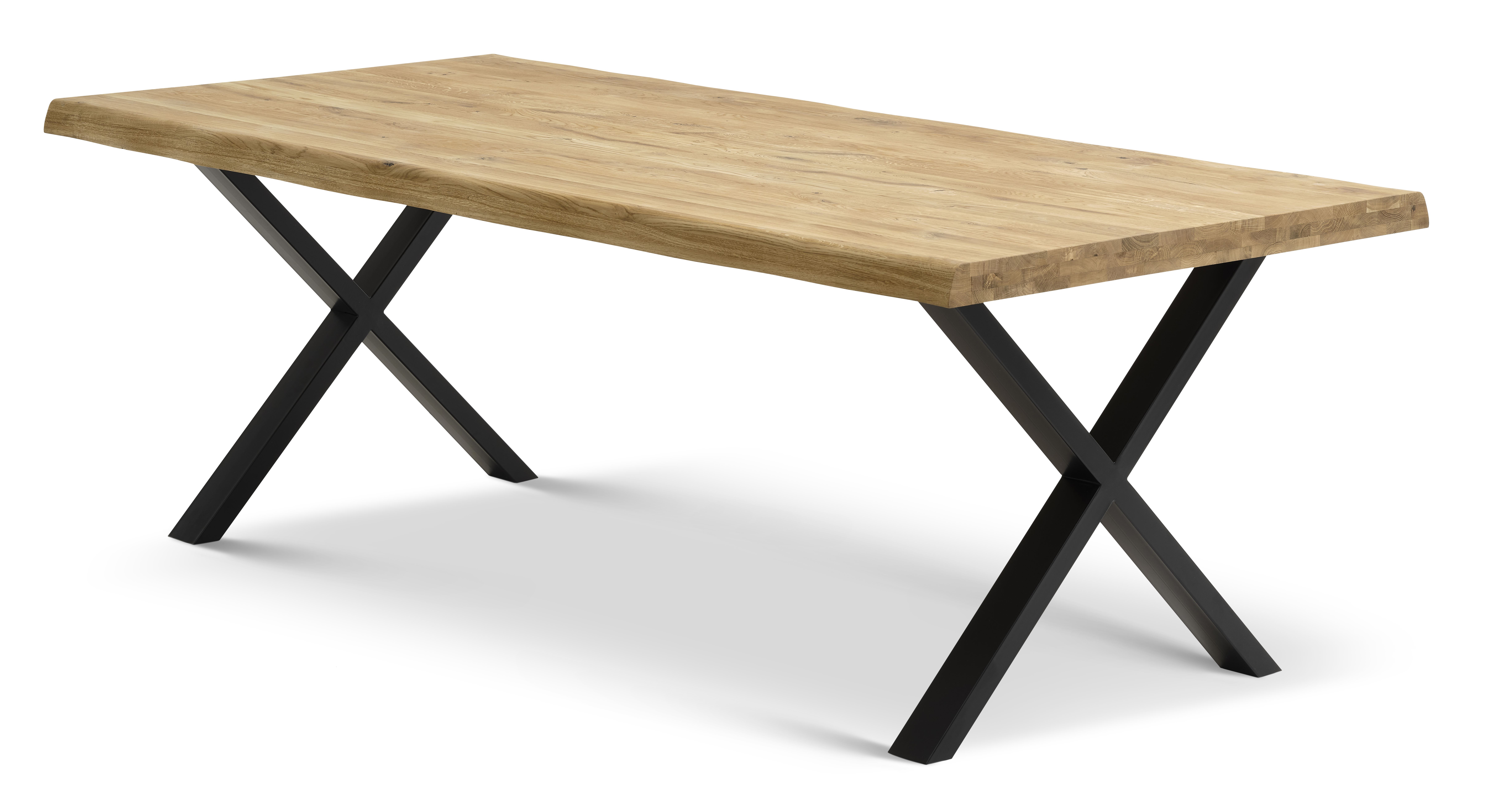 Atlantic spisebord med bølget kant 60 mm, m. udtræk - natur egetræ og sort metal (100x220)