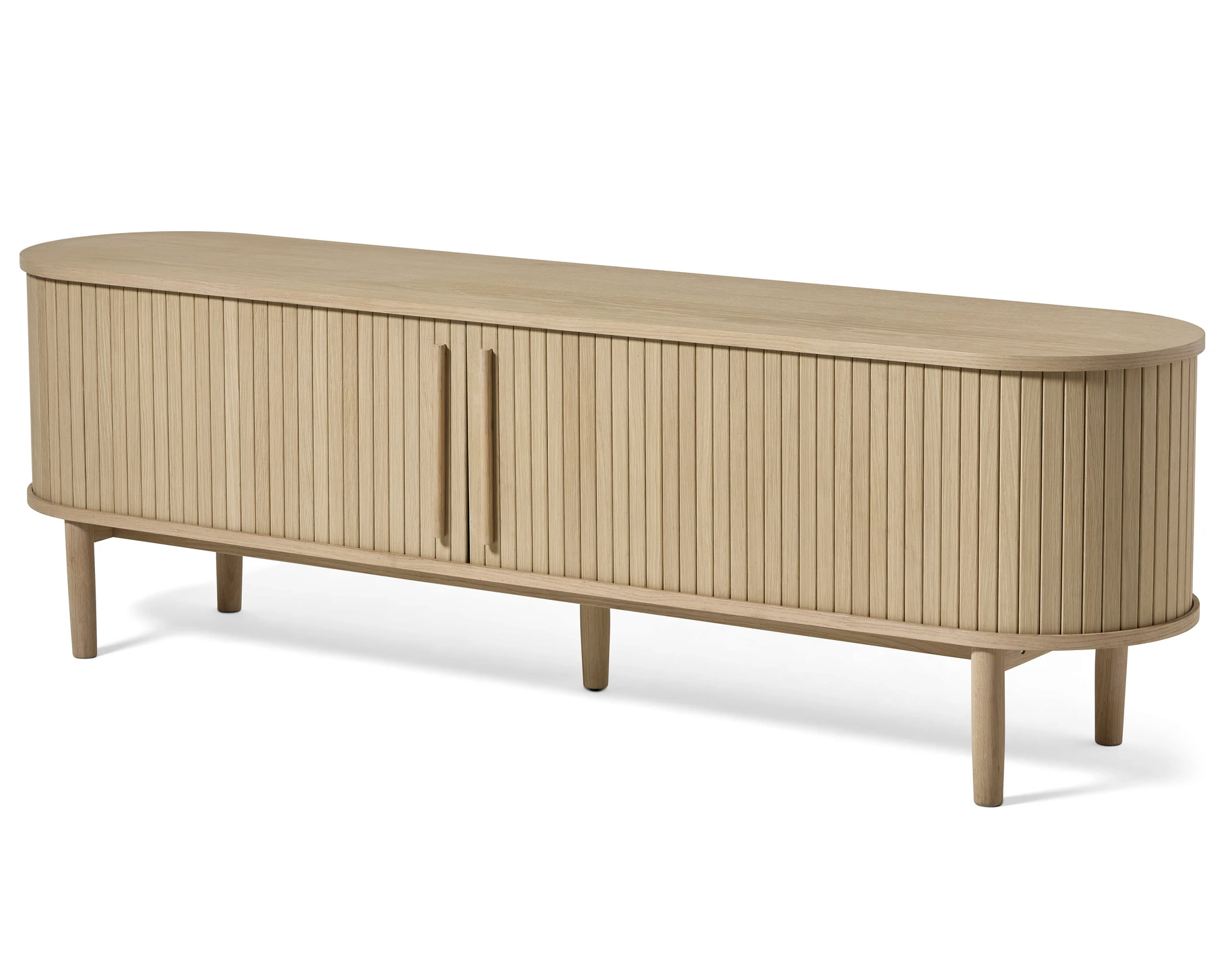 Meta TV-bord, m. 2 skydelåger og 3 hylder, oval – hvidpigmenteret eg (180×40)