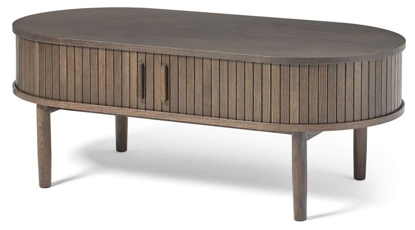 Meta sofabord, m. 2 skydelåger og 1 rum, oval – mørk espresso brun eg (60×120)