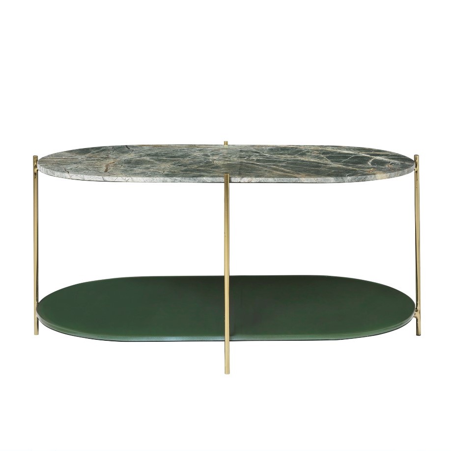 COZY LIVING Siff sofabord, m. hylde, oval - skovgrøn marmor/glas og messing (100x55)