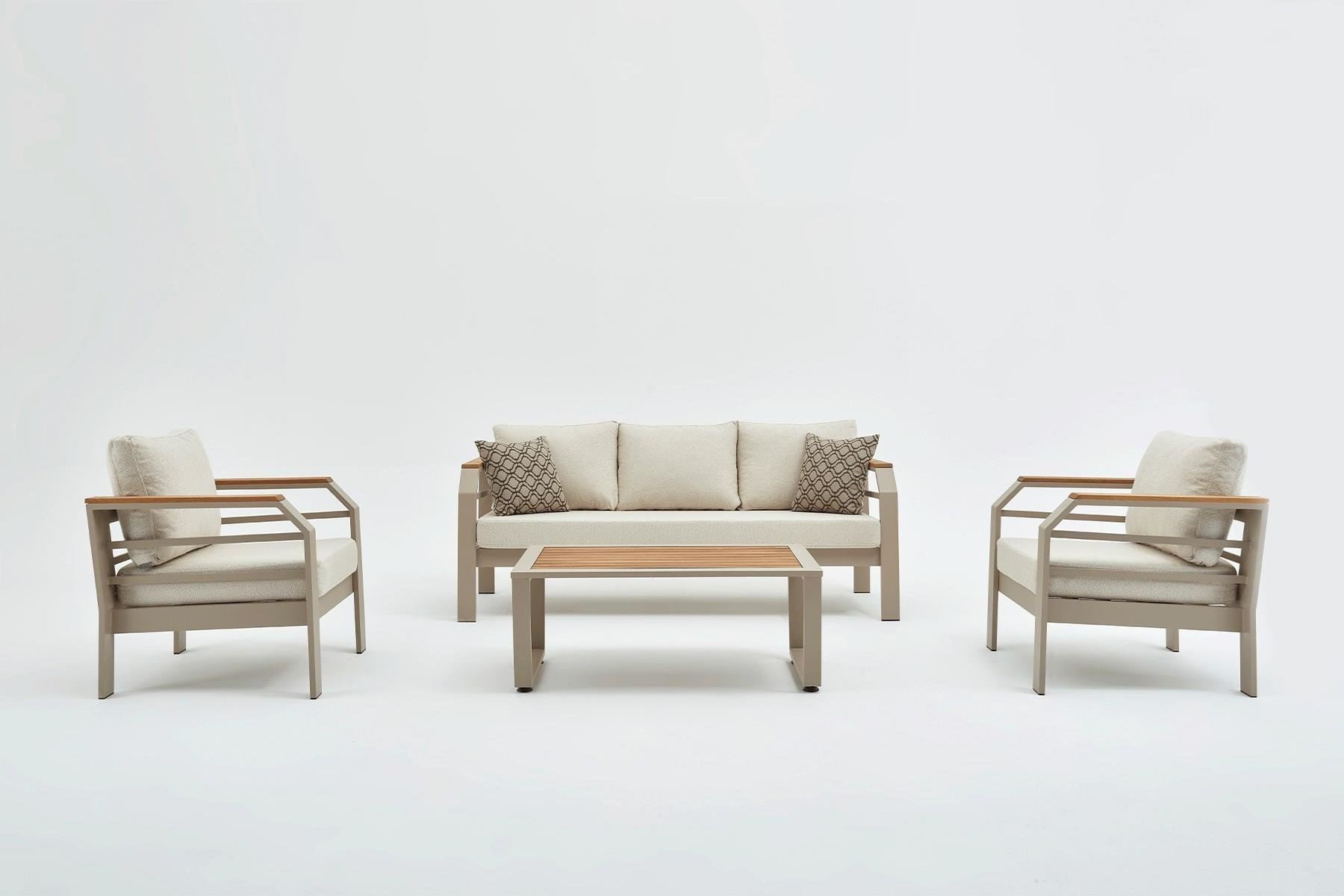 NORDVÉRK Assento udendørs loungesæt, m. 2 stole, 1 sofa, 1 bord, beige hynder – beige aluminium