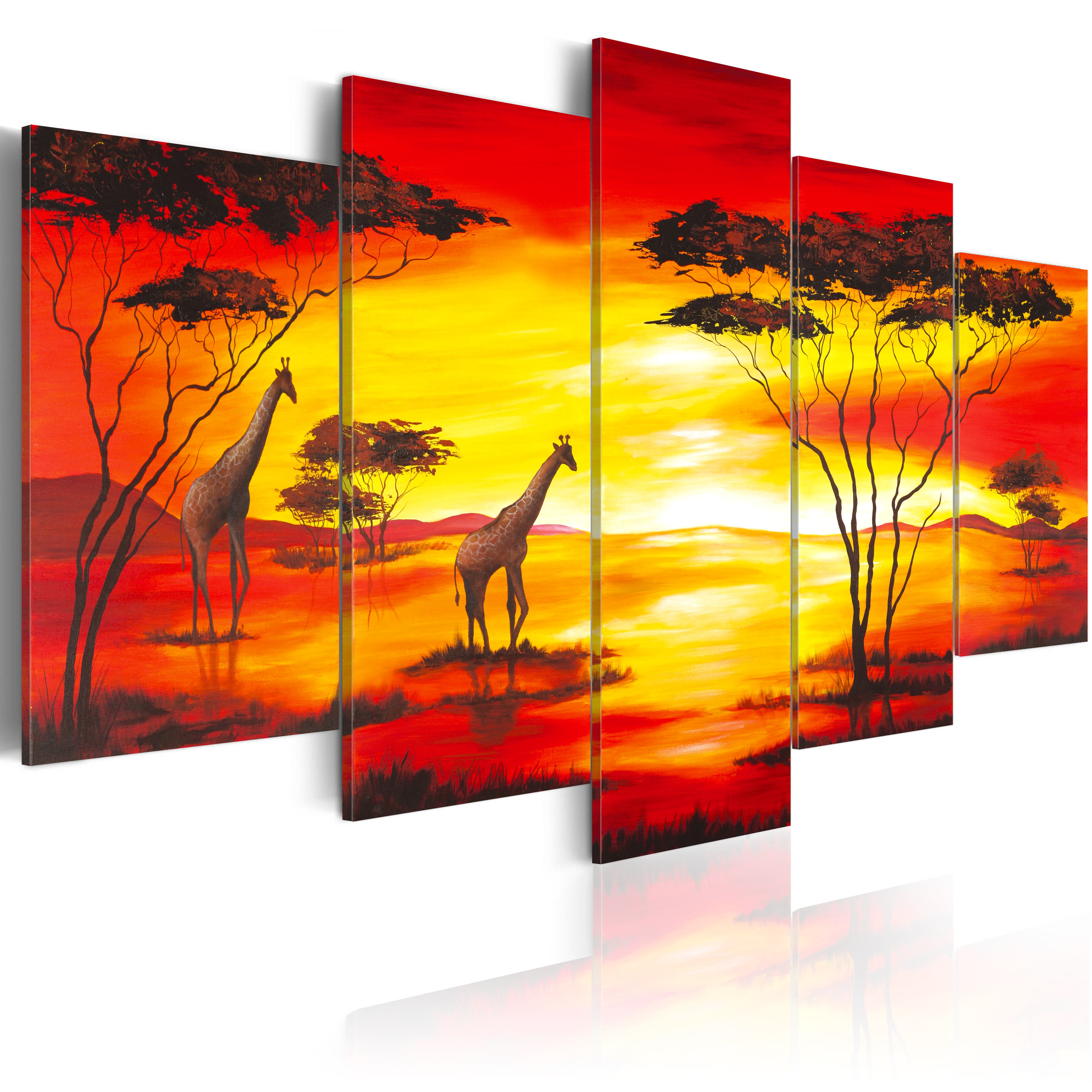 ARTGEIST - Giraffer på savannen i rød/orange solnedgang trykt på lærred - Flere størrelser 100x50
