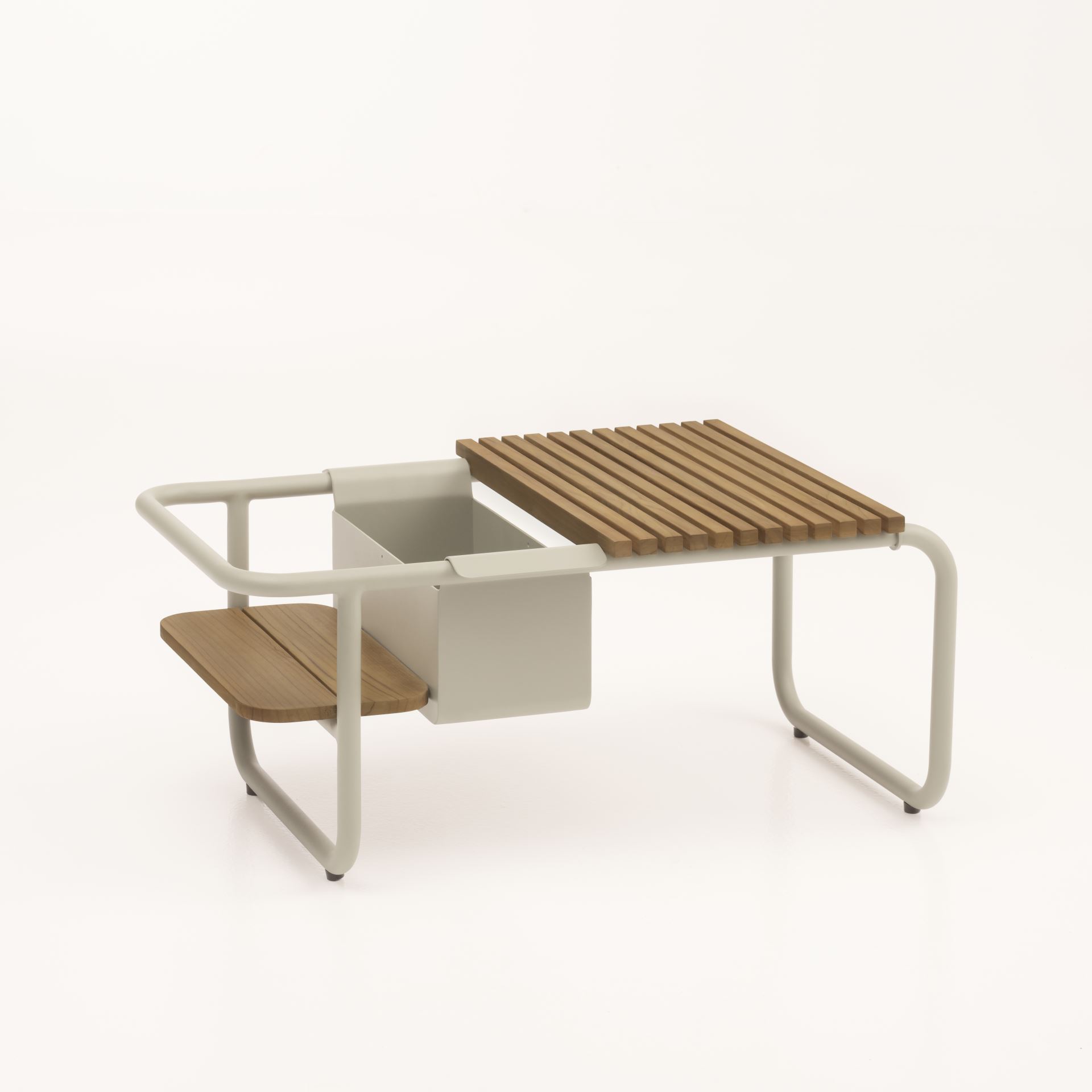 Santorini sofabord, m. teakbakke L og flaskekøler S – sand aluminium (83,3×46,5)