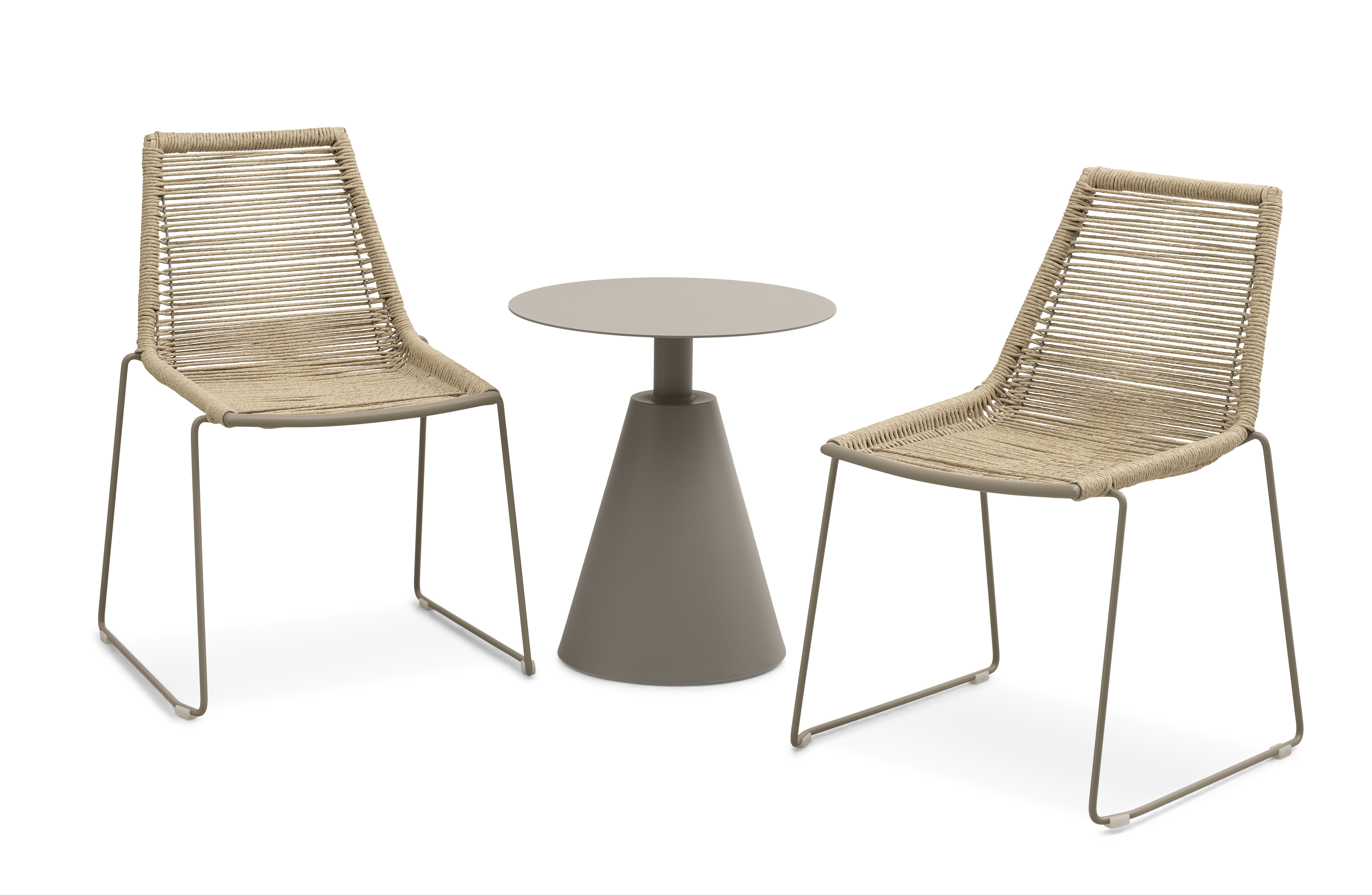 Maui cafésæt, m. 1 bord og 2 stole – rattan flet og stone grå metal
