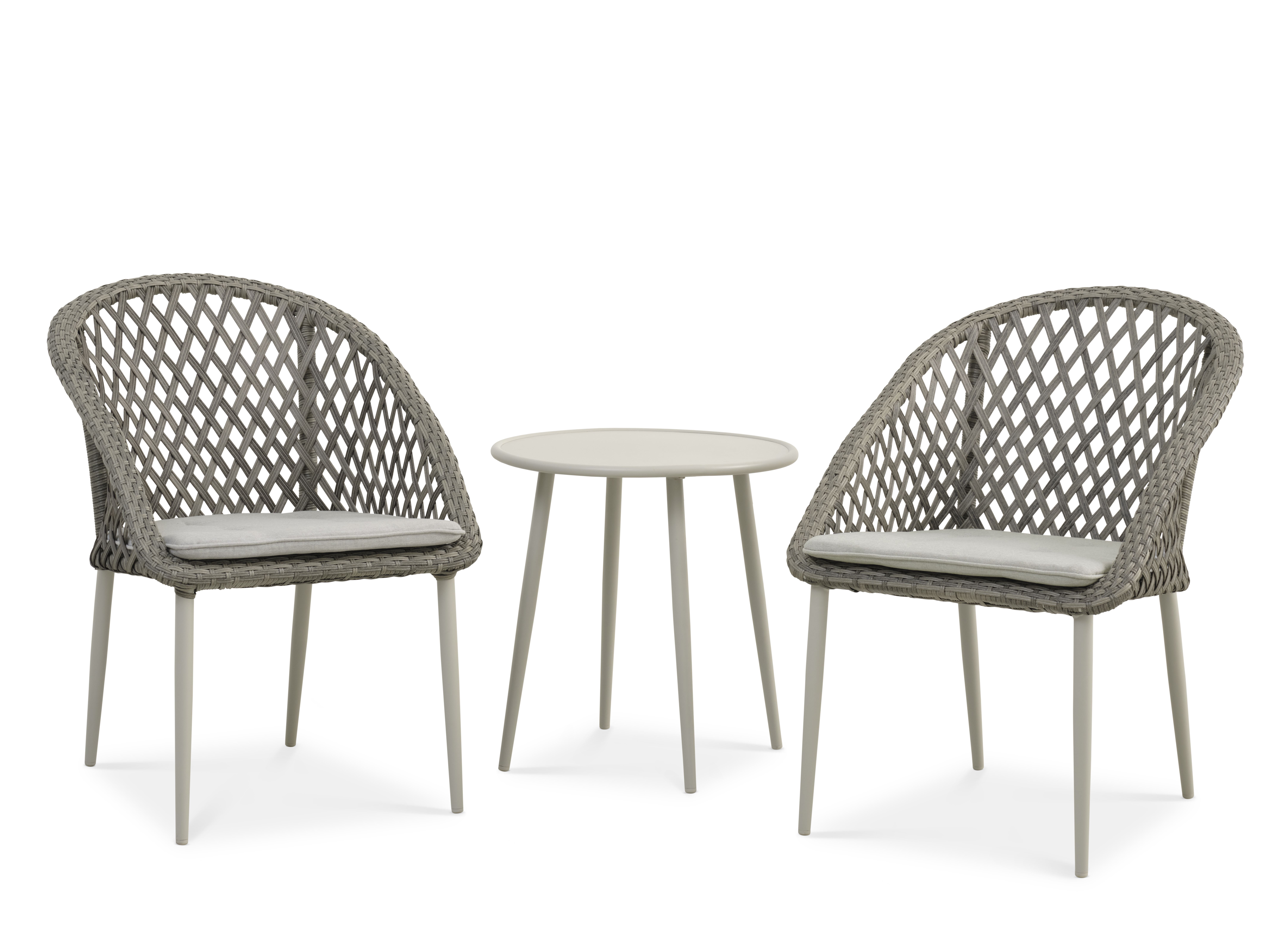 Korsika cafésæt, m. 1 bord, 2 stole, hynder – varm grå rattan og aluminium