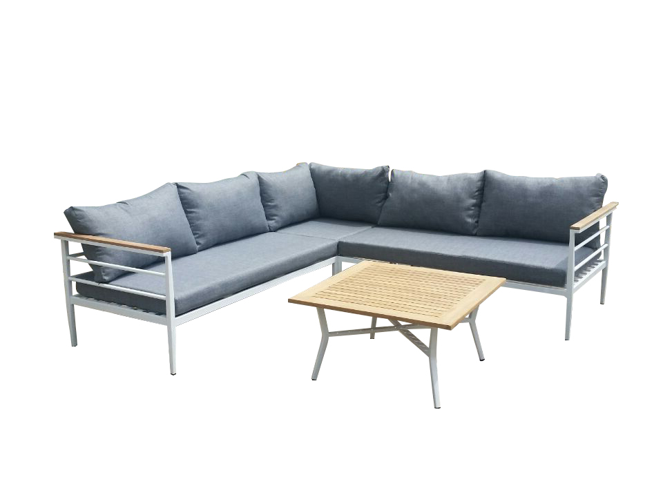VENTURE DESIGN Mexico hjørne havesofa m. sofabord og hynder - grå polyester, hvid aluminium, natur teaktræ