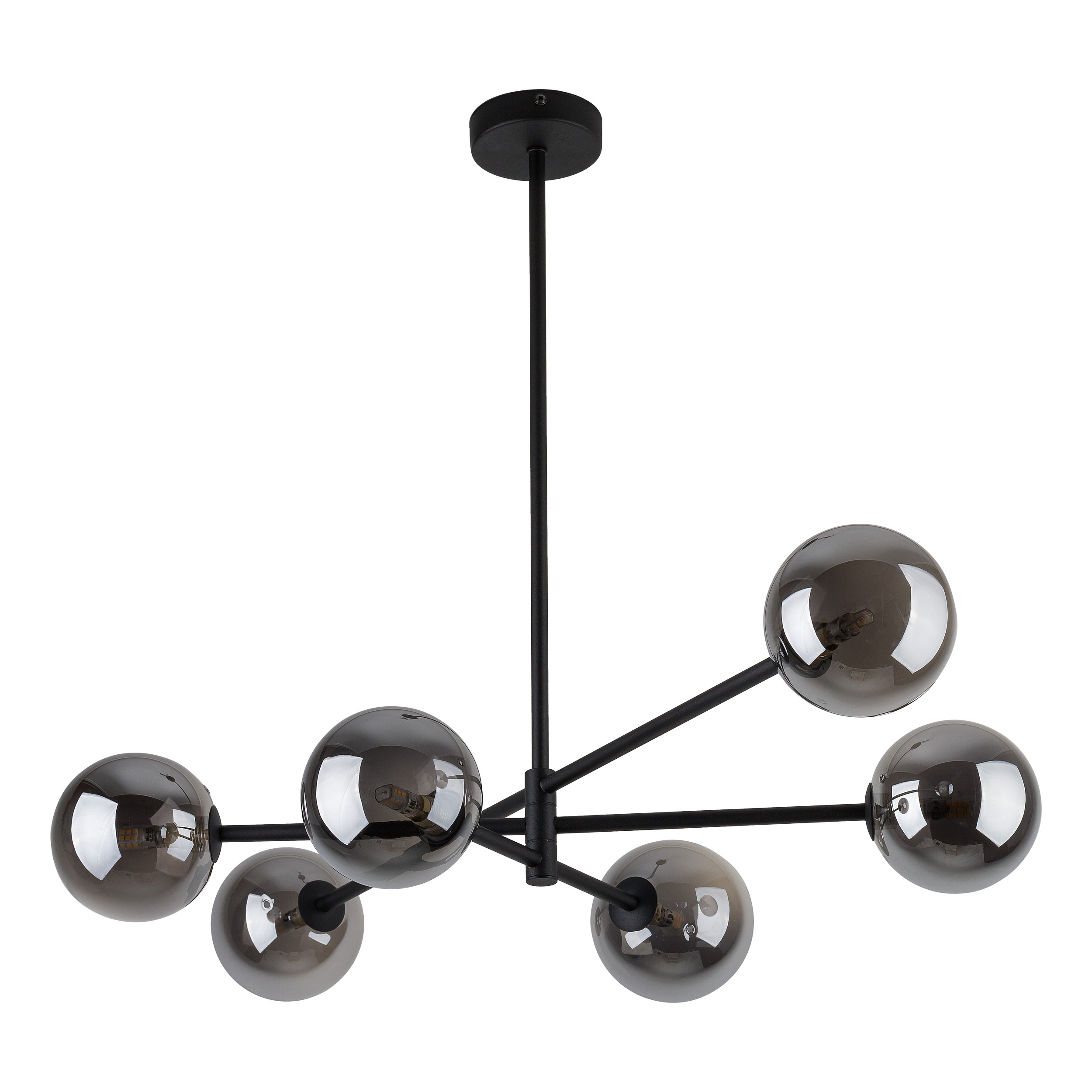 TK Sarius loftlampe, Høj, m. 6 skærme - grafitgrå glas og sort metal