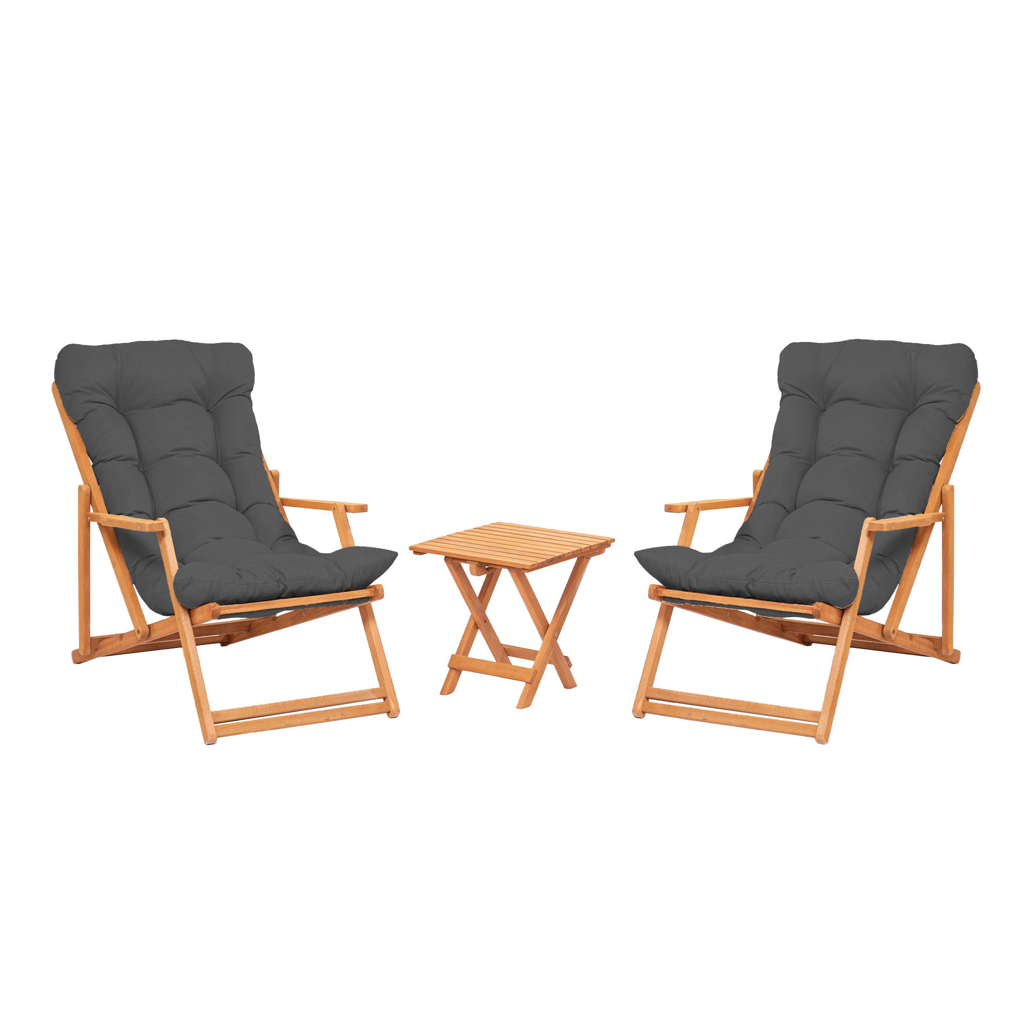 NORDVÄRK MY007 loungesæt, m. 2 havestole, 1 havebord og grå hynder - natur bøgetræ