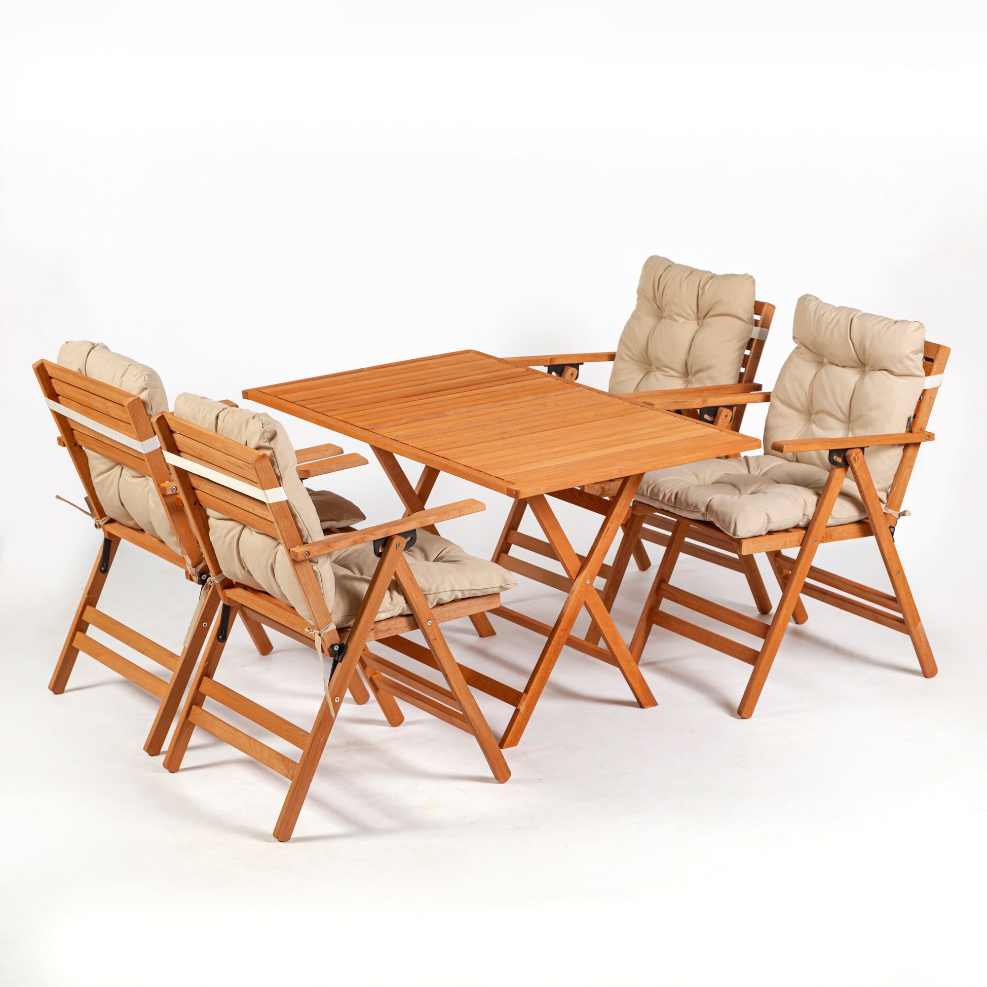 NORDVÄRK My009 V2 havesæt m. 1 havebord og 4 havestole m. 4 pos., foldbar – creme hynder/natur bøg