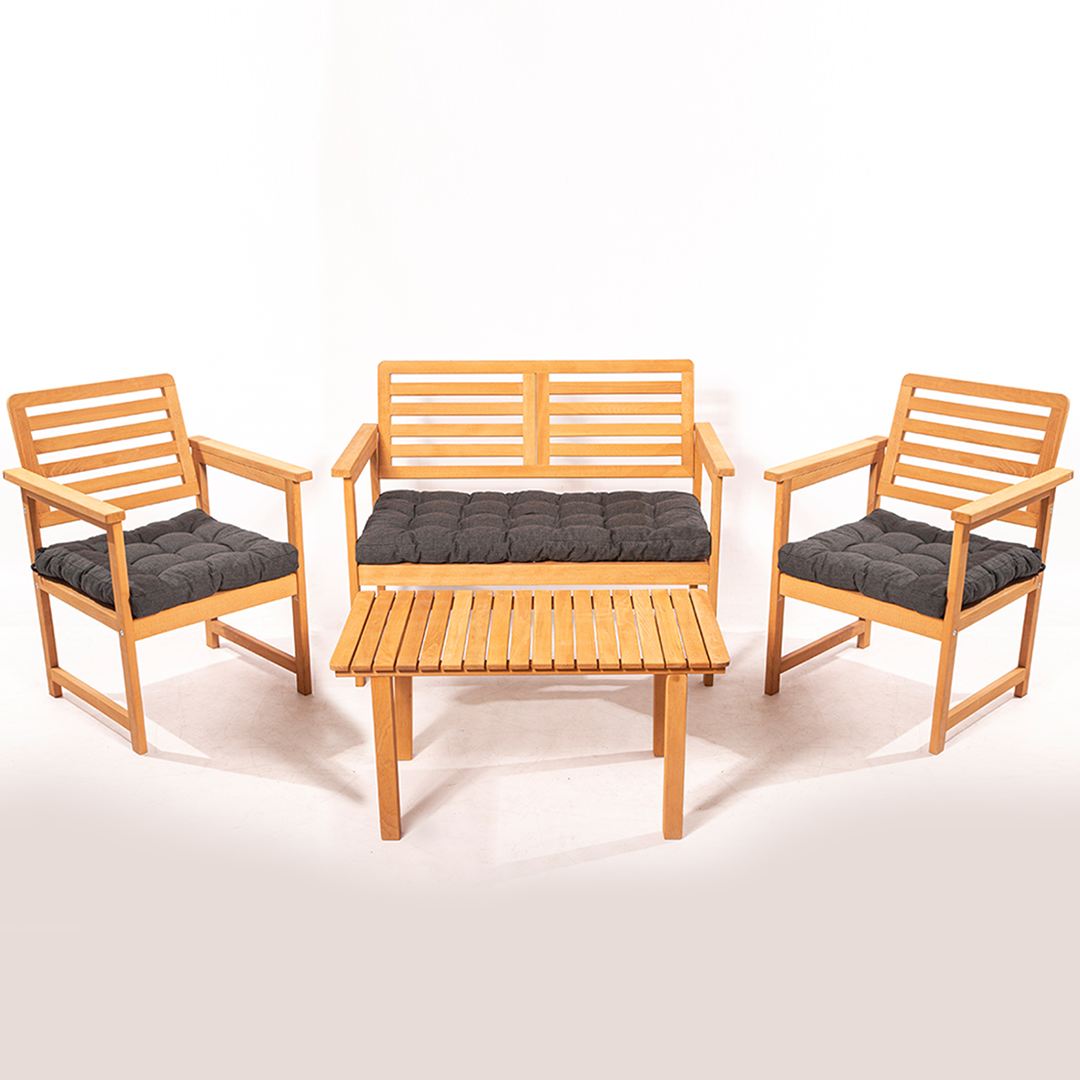 NORDVÄRK MYT01 udendørs loungesæt, m. 2 stole, 1 sofa, 1 bord og antracitgrå hynder - natur træ