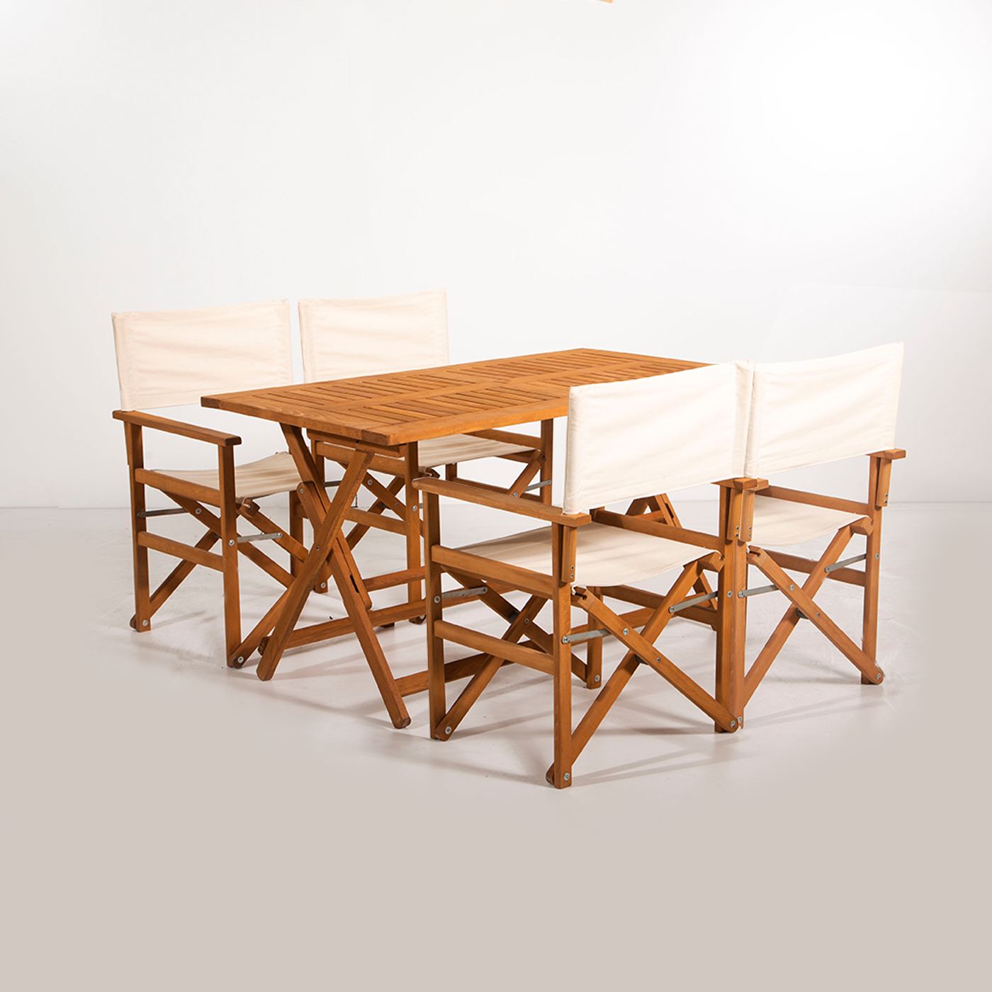 NORDVÄRK MYR01 havesæt m. 1 havebord og 4 havestole, foldbar – creme stof og natur træ